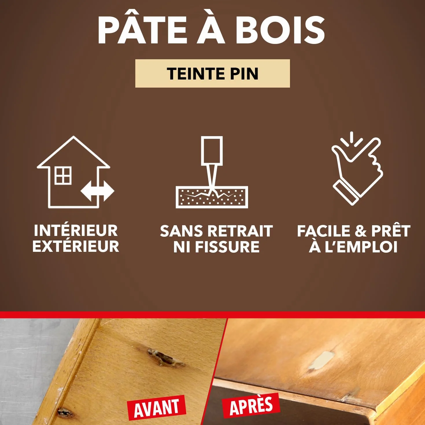 SINTO - Rebouche Petits Trous - Pâtes à Bois Sans Odeur - Prêt à l'Emploi - Sans Solvant - Sec en 4h - Intérieur et Extérieur - Ne se Rétracte pas - Pin - Technique Professionnelle - 80 g