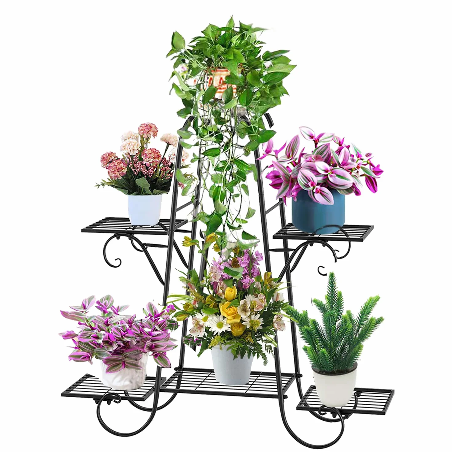 CarolynDesign Support de pot de fleurs à 6 étages en métal noir pour intérieur et extérieur