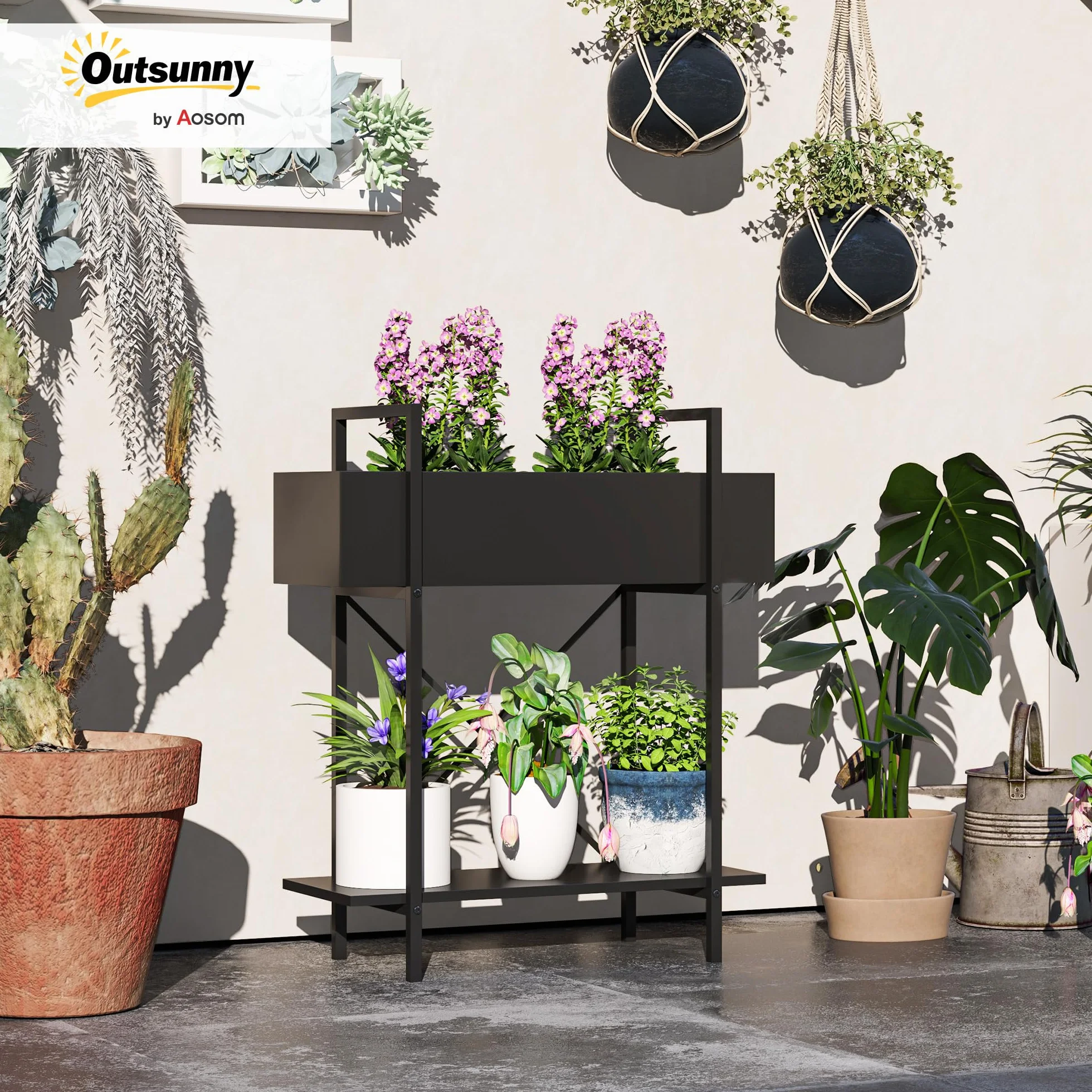 Outsunny Support plantes interieur 2 niveaux, porte plante en métal avec trous de drainage, noir