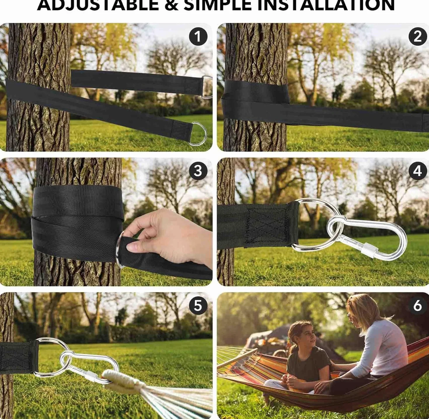 Sangle Balancoire Arbre Fixation Hamac Charge Max 800kg Attache Exterieur Corde avec 2 Sangle 150cm × 5cm, 2 Mousquetons, 1 Sac