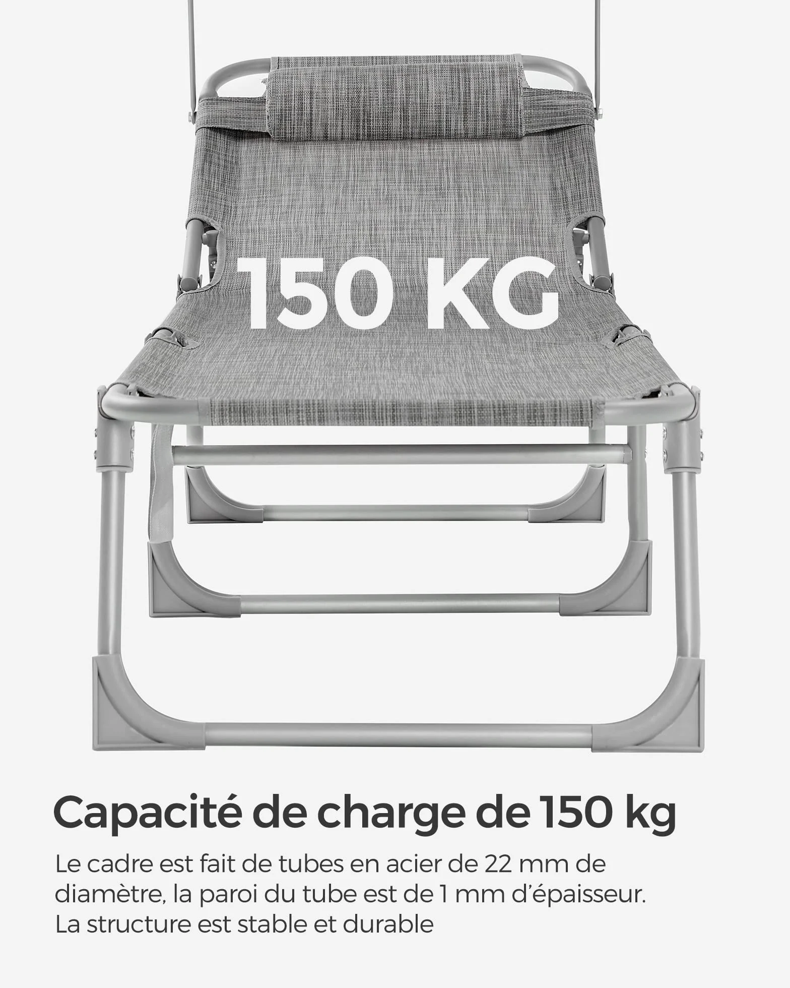 SONGMICS Chaise Longue Pliable 193x53x29 cm 150 kg avec Pare-soleil Appuie-Tête Dossier Réglable GCB19T