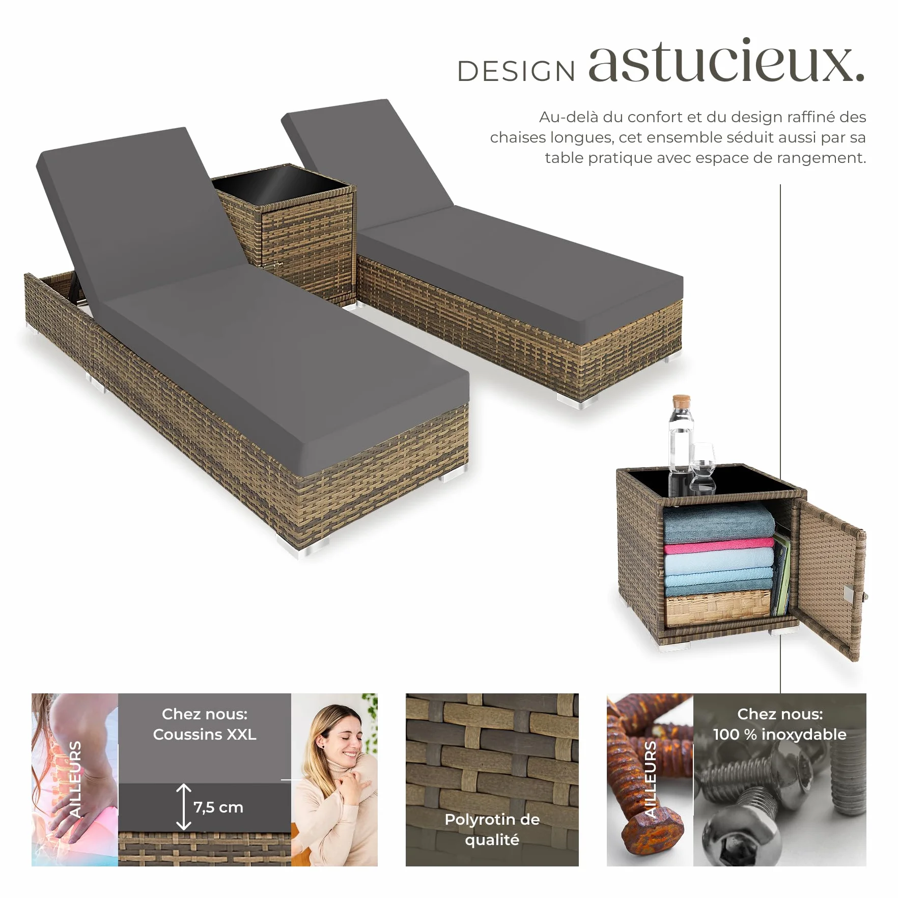 Tectake Set de 2x Chaise Longue Bain de Soleil avec Dossier réglable + Table de Jardin Aluminium Resine Tressee + Housses - Marron Naturel