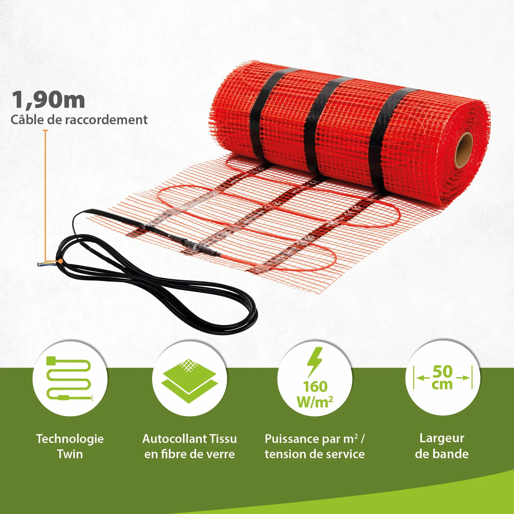 Chauffage au sol électrique 230 V 8,0 m² - Tissu support solide pour carrelage granit béton