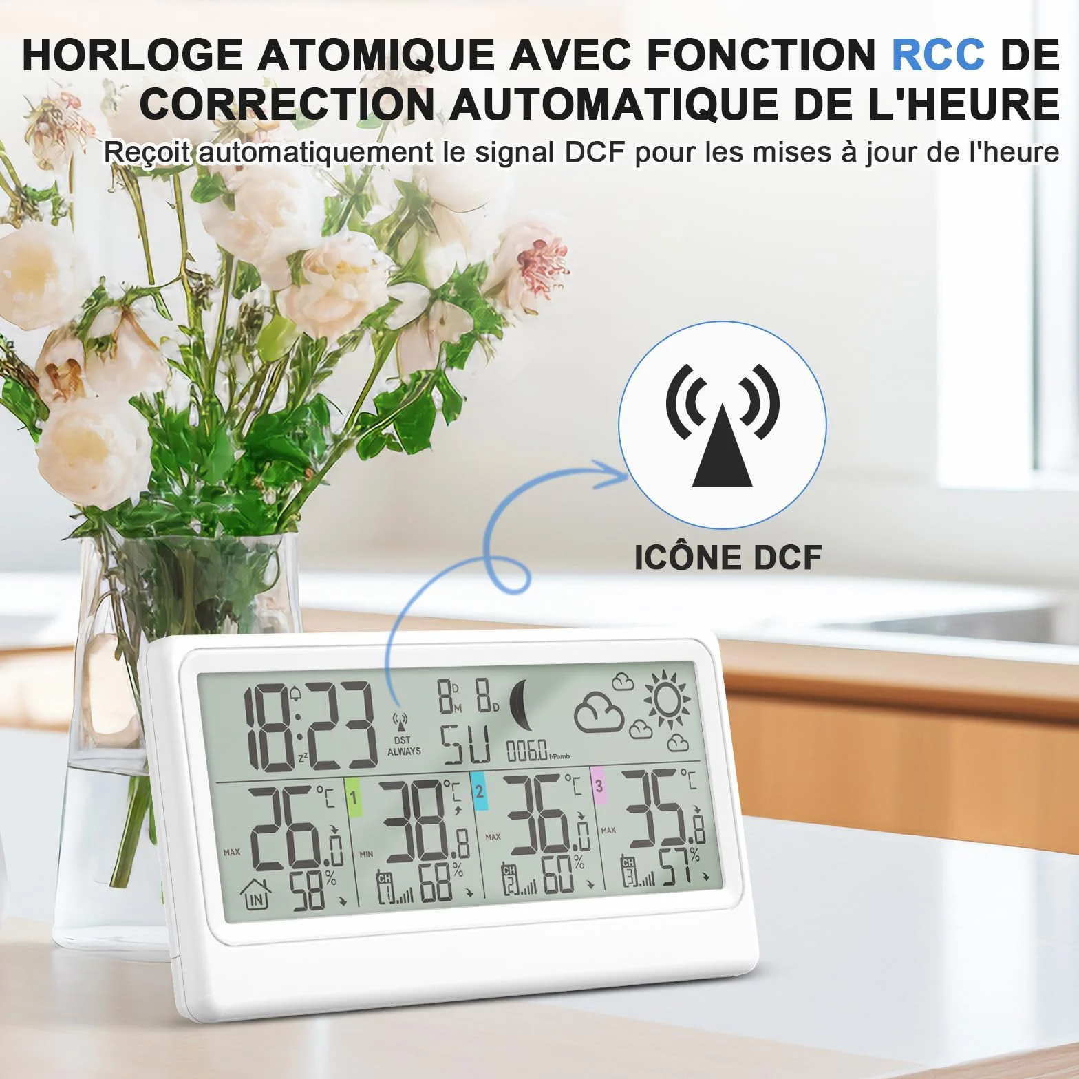 Station Météo Sans Fil 3 Capteurs Intérieur Extérieur Thermomètre Hygromètre Baromètre Écran LED 8,5" Prévisions Horloge Alarme Snooze