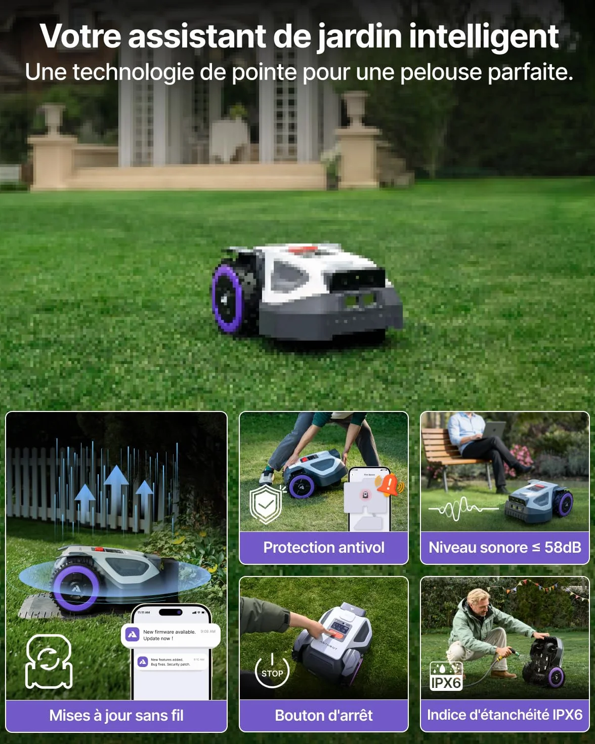 ANTHBOT M5 Robot Tondeuse 500-700㎡ 150㎡/h NetRTK 4G Cartographie Automatique Double Vision IA Gestion Multi-Zones APP Control 3-7CM Réglage Hauteur