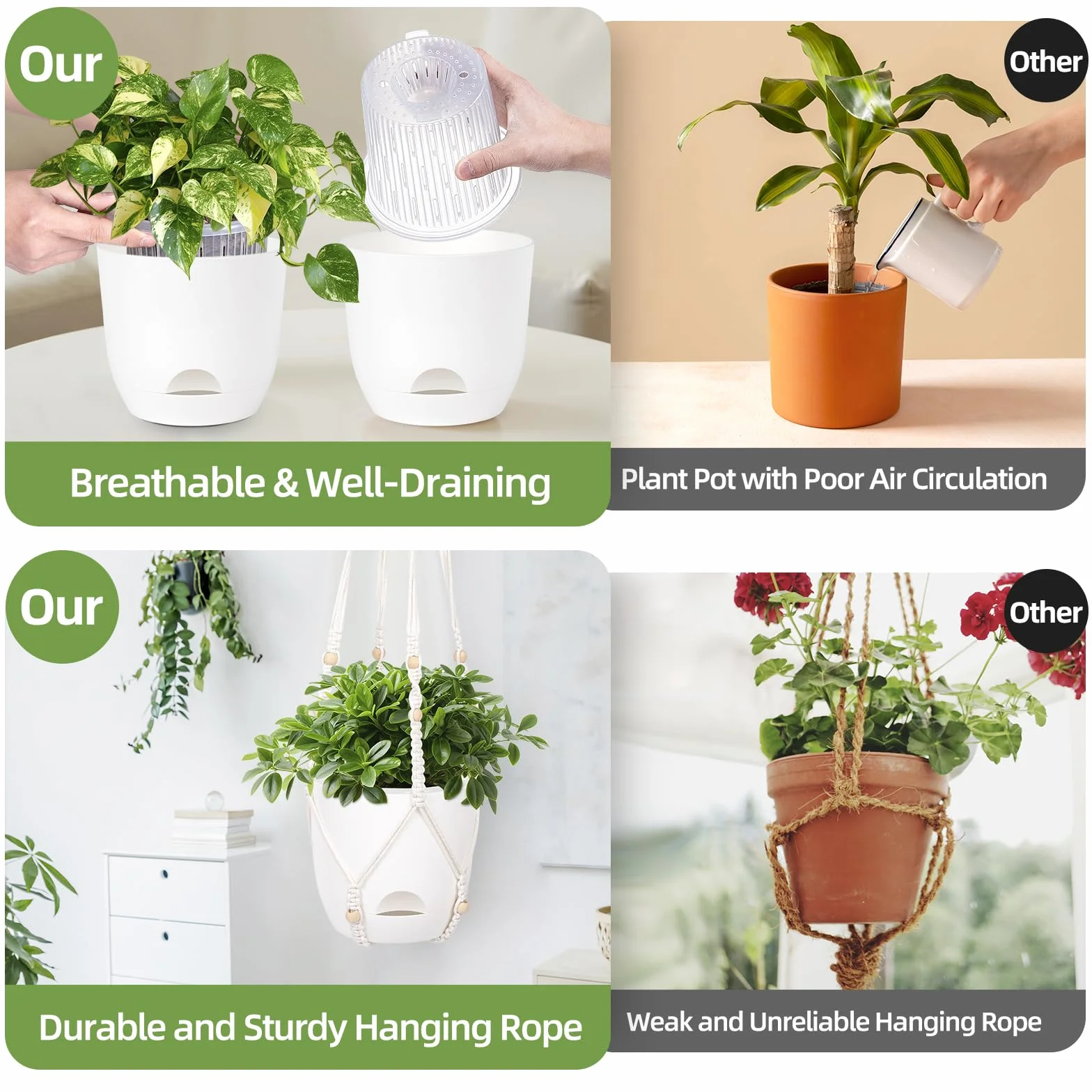 Pot Suspendu Plante Exterieur Intérieure 14,5cm Macrame Suspension 86,36cm Plastique avec Trou de Drainage