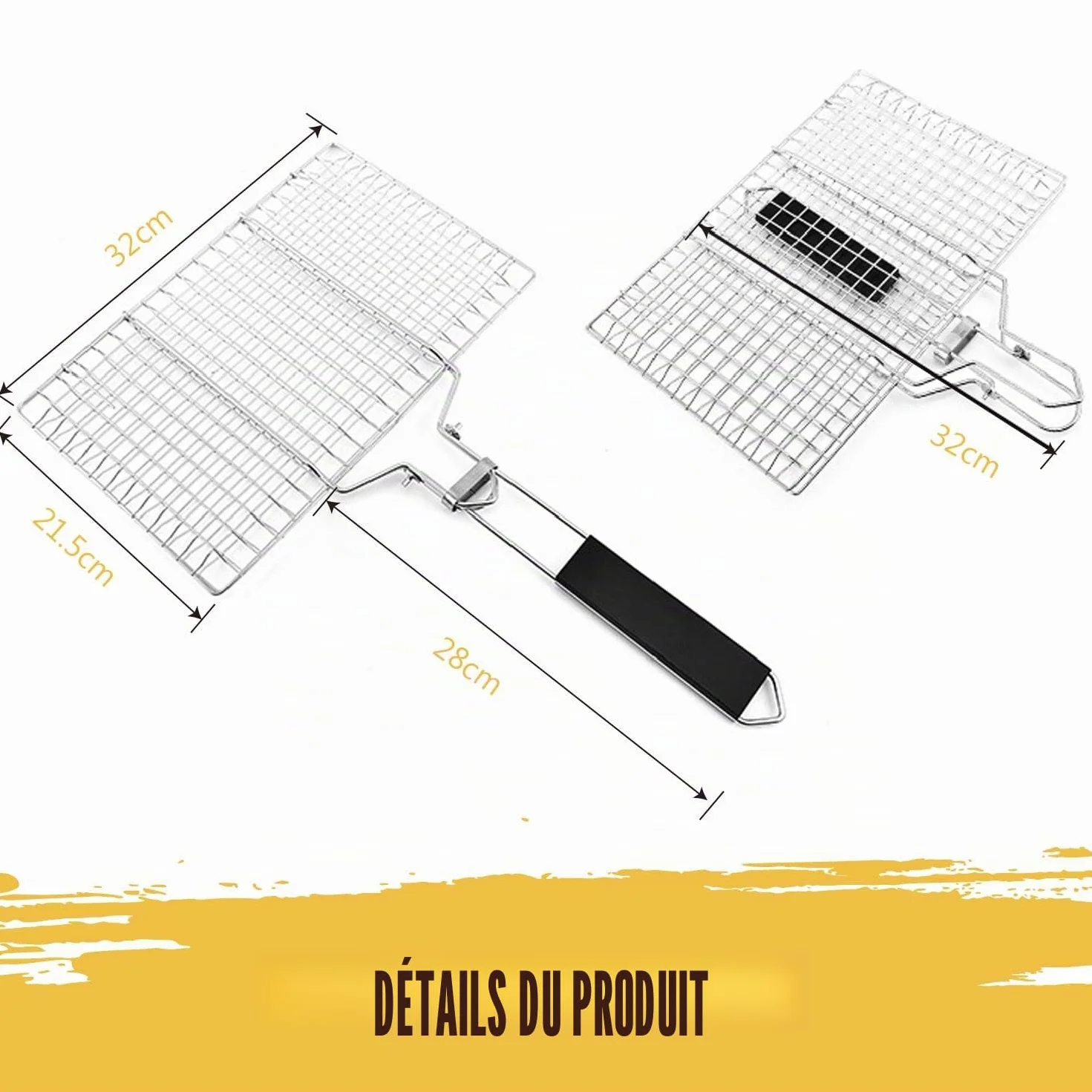 Panier Grille Barbecue en Acier Inoxydable 304 Pliable Portable Résistant avec Poignée Amovible