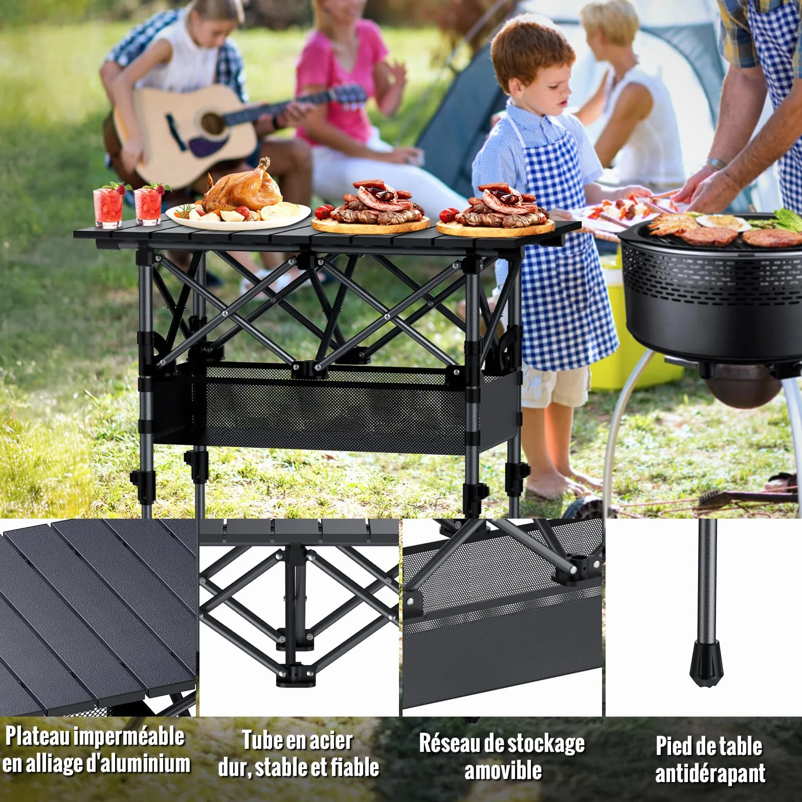 GARLLEN Table de Camping Pliante Portable Deux Réglages de Hauteur Imperméable 3-4 Personnes