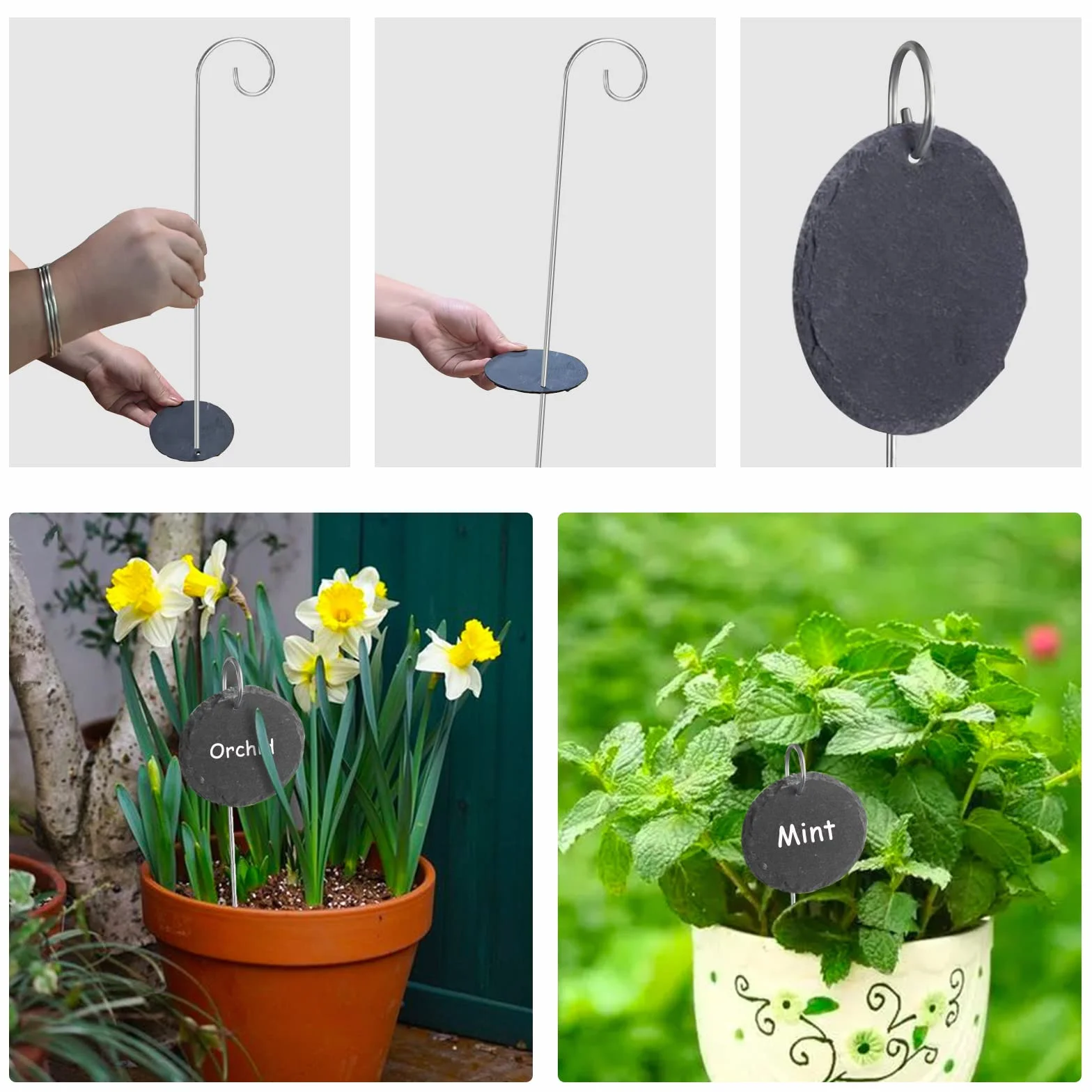 Étiquettes en Ardoise Jardin 10x8 cm avec Tiges Acier Inoxydable Réutilisables pour Plantes Potager Exterieur