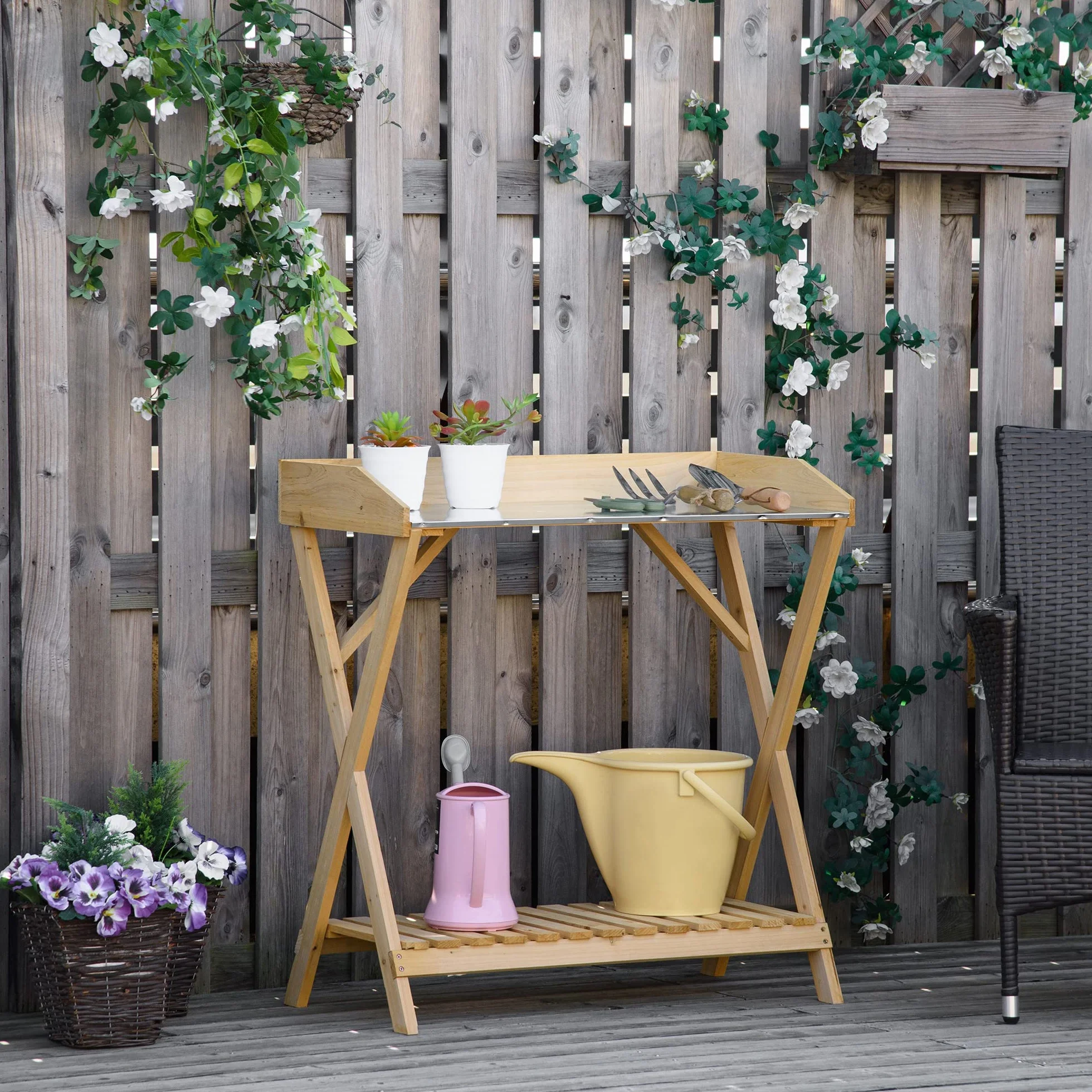 Outsunny Table de rempotage Jardinage Acier galvanisé Bois Sapin pré-huilé