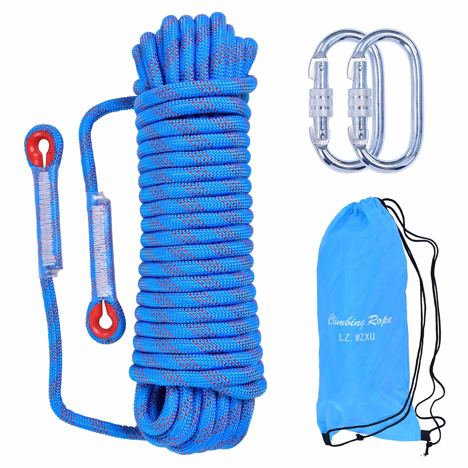 Corde d'escalade 10mm 10M Corde de Sécurité Extérieure Corde de Sauvetage Corde d'évacuation avec 2 Mousquetons pour Escalade Sauvetage Lutte Contre Les Incendies Camping(Bleu)