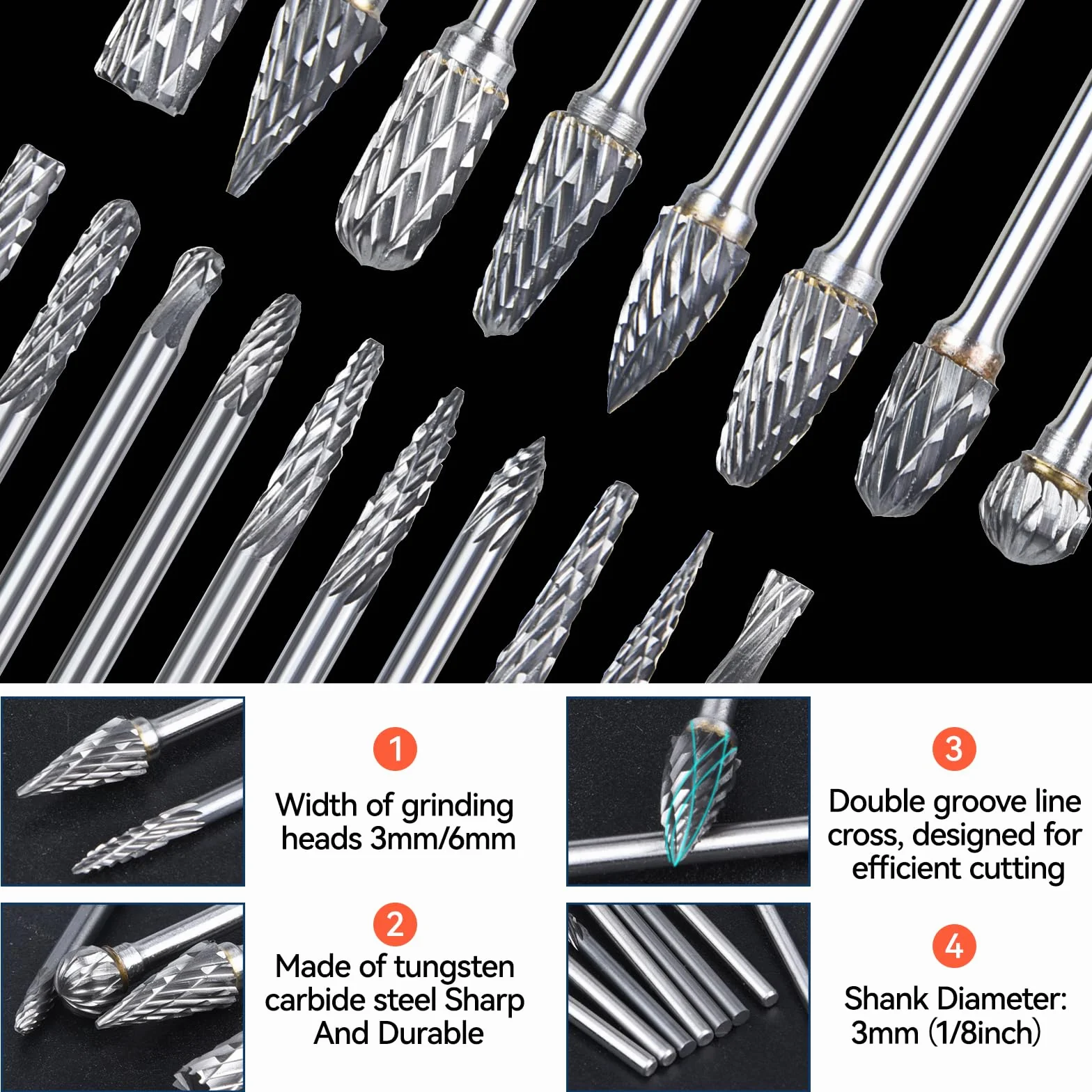 20pcs Fraise Carbure, Ensemble de Fraises Rotatives en Acier au Tungstène, Taille 1/8", pour le Travail du Bois, le Polissage des Métaux, la Gravure, le Perçage