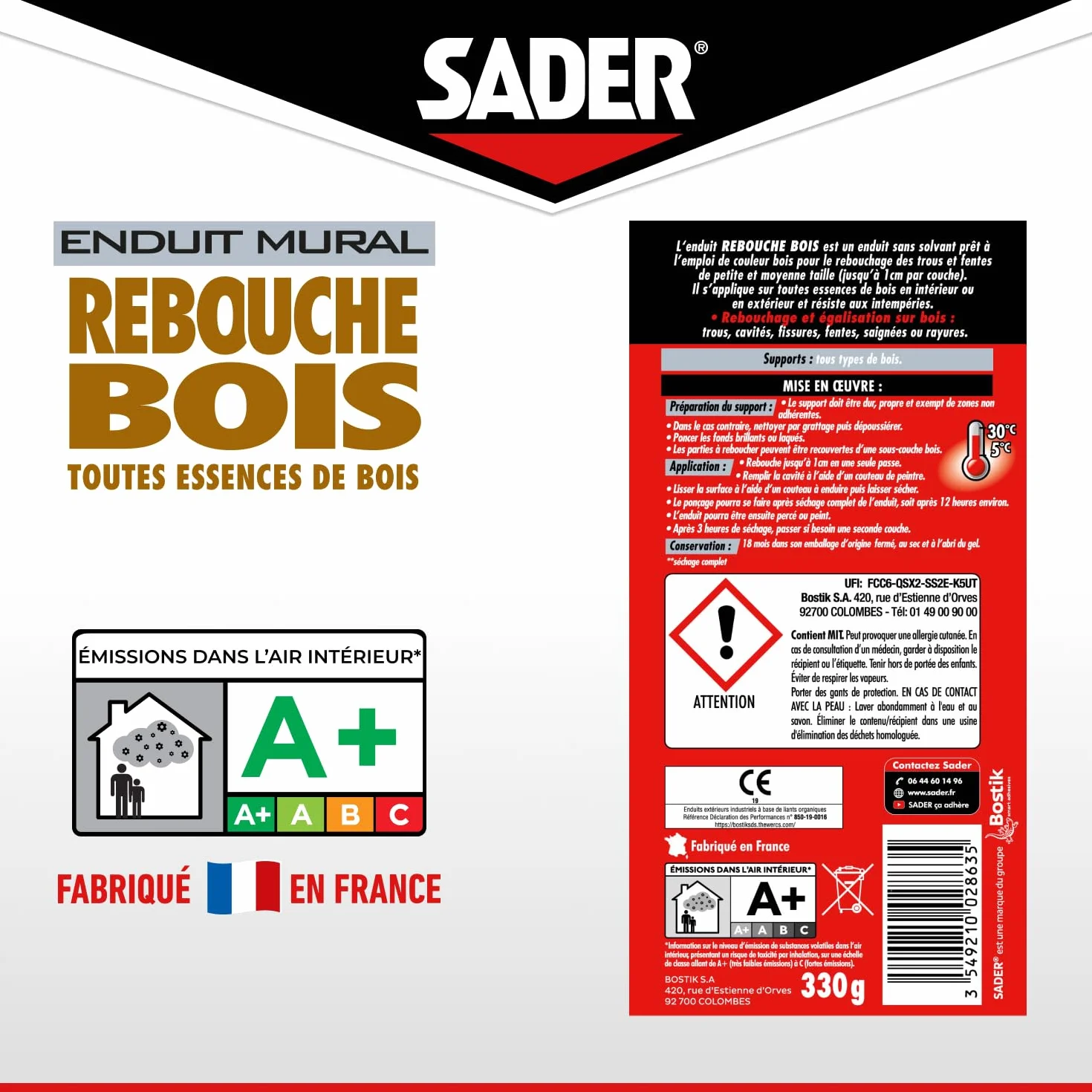 SADER - Sader Enduit de rebouchage bois - Conditionnement 330GR