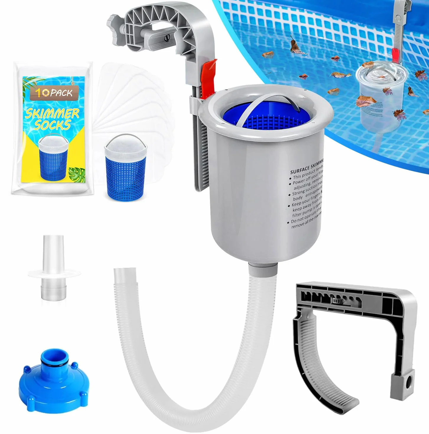 Skimmer pour Piscine Hors Sol avec 10 Chaussettes, Panier Flottant pour Piscine Gonflable Intex