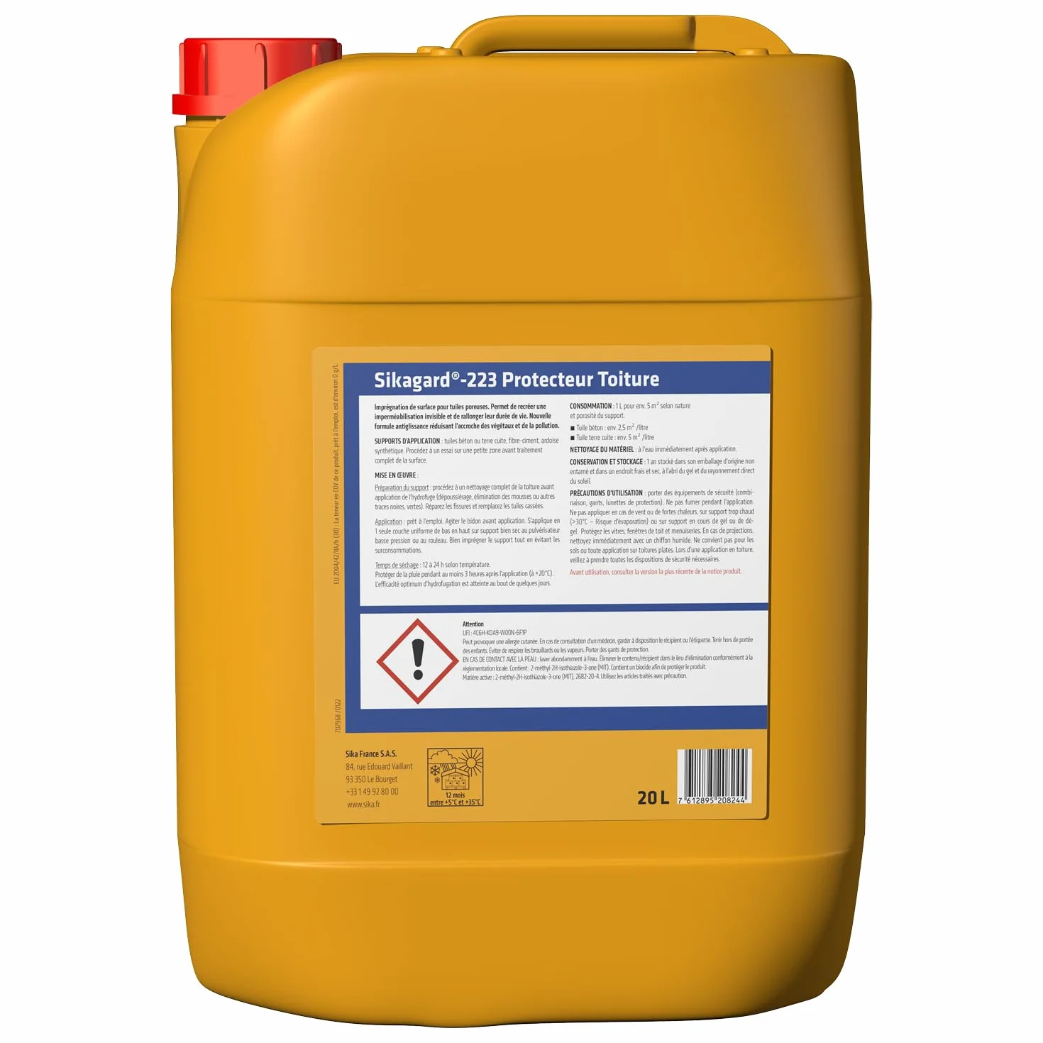 SIKA - Sikagard 223 Protecteur Toiture - Imperméabilisant, hydrofuge, incolore pour toitures - Protection longue durée, 20L=environ 50m² à 100m², Transparent
