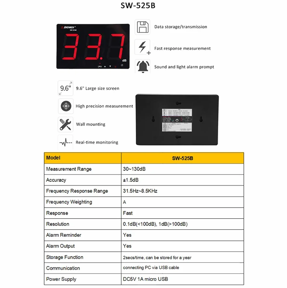 30~130 dB Sonomètre de Numérique Monté au Mur Sonomètre Enregistreur avec 9.6" Affichage LCD USB Testeur de Mesure de Bruit avec Enregistreur de Données et Alarme(SW-525B)