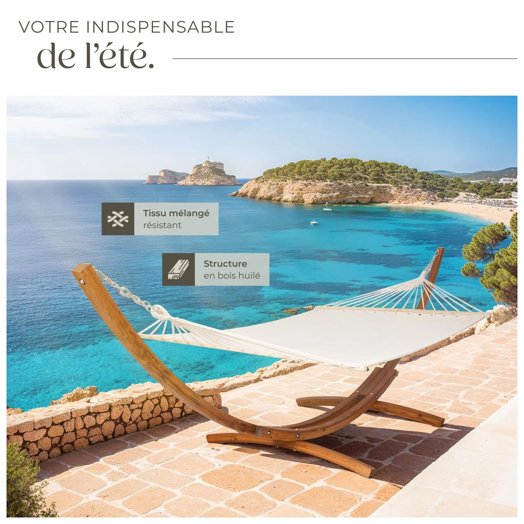 Hamac sur Pied XXL 2 Places Coton avec Support en Bois 415x150x124cm 200kg Couchage 205x150cm Ajustable pour Terrasse