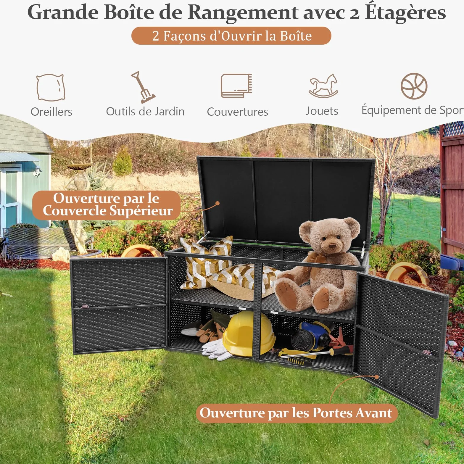 GOPLUS Coffre de Jardin Rangement Exterieur Rotin PE 115x60x65cm 335L Noir