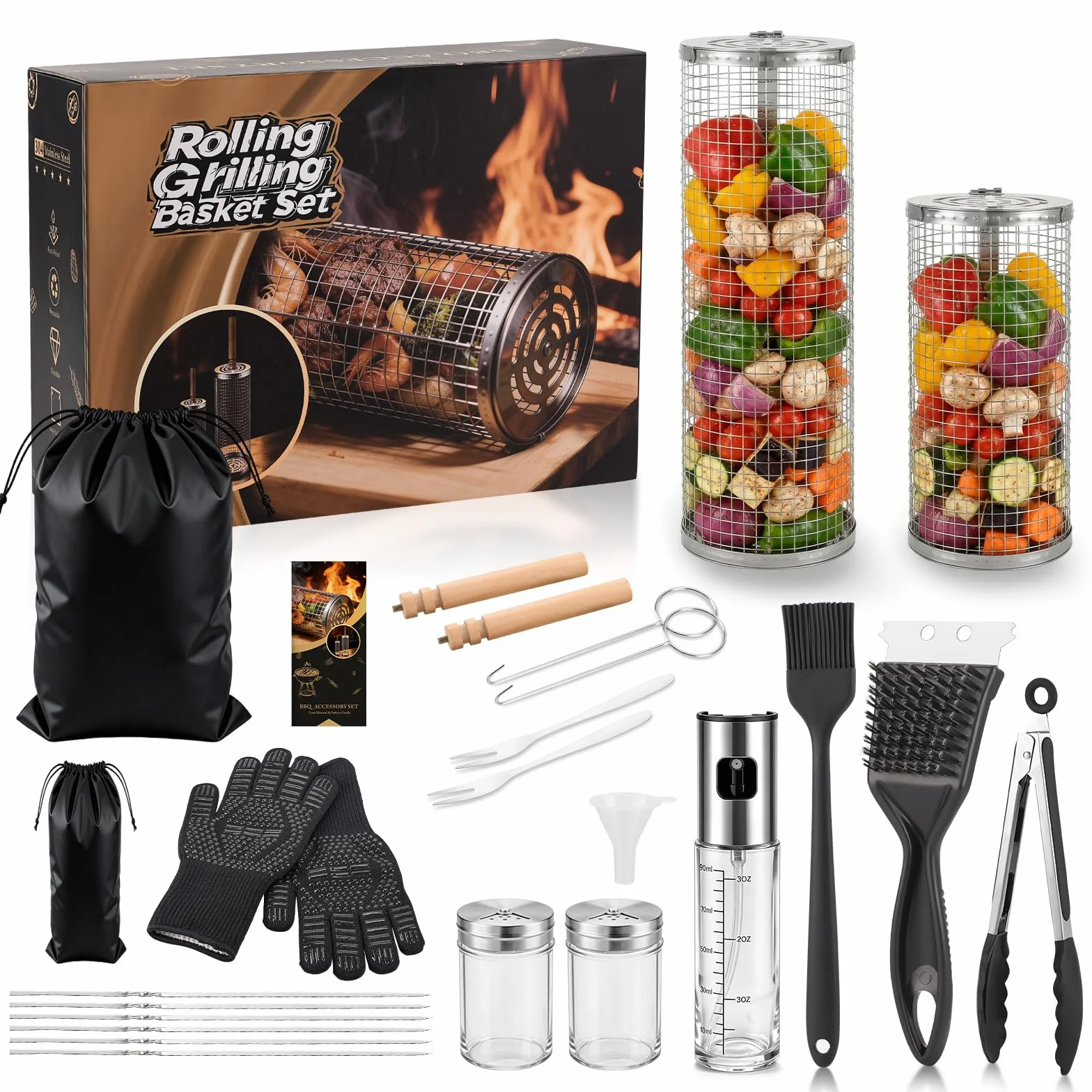 Set de Panier à Barbecue Roulant avec Accessoires, Acier Inoxydable 304, Poignée Détachable, 18 Pièces