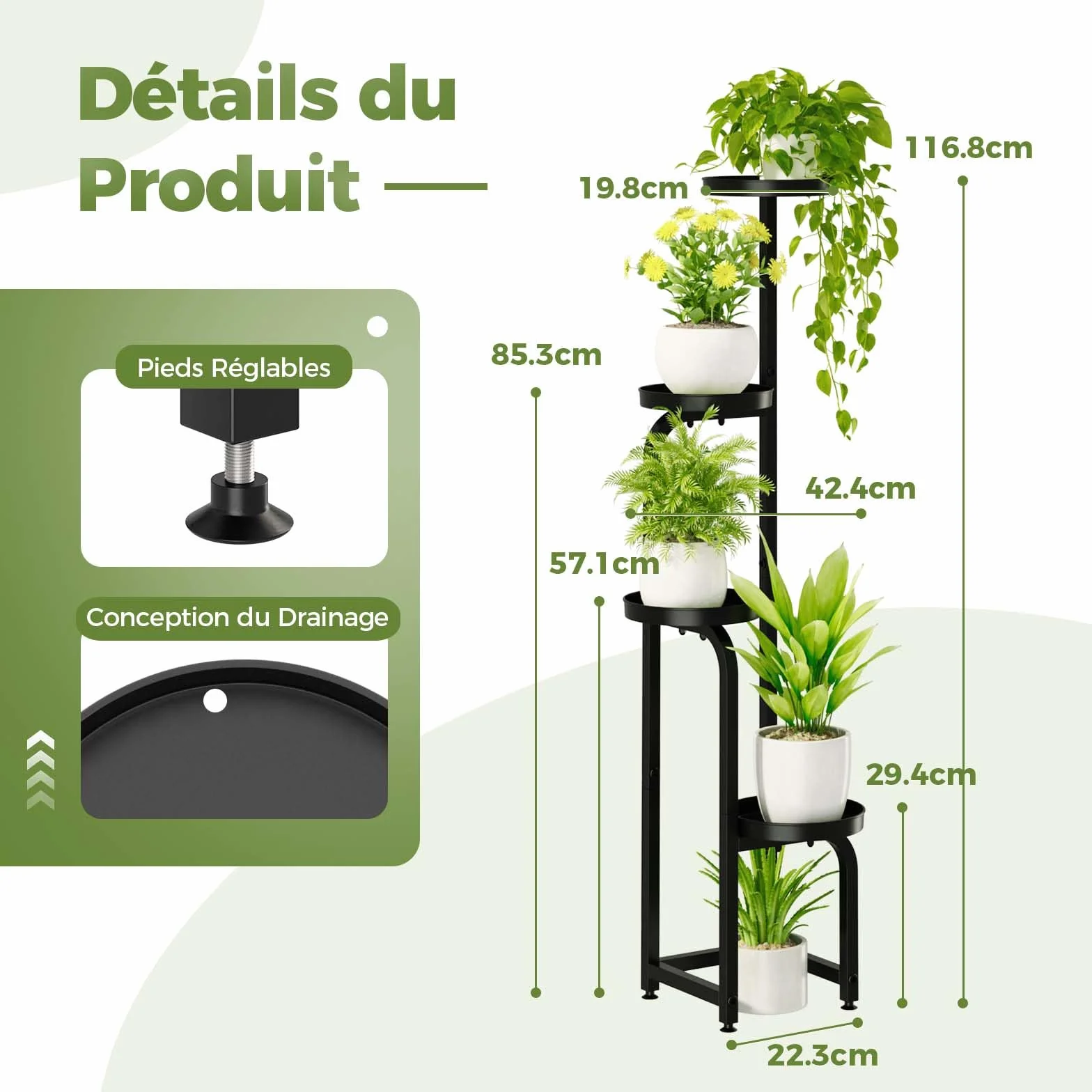 Bamworld Support Plantes Intérieur Haut 4 Niveaux Métal Étagère Plante pour Extérieur Terrasse Jardin Balcon