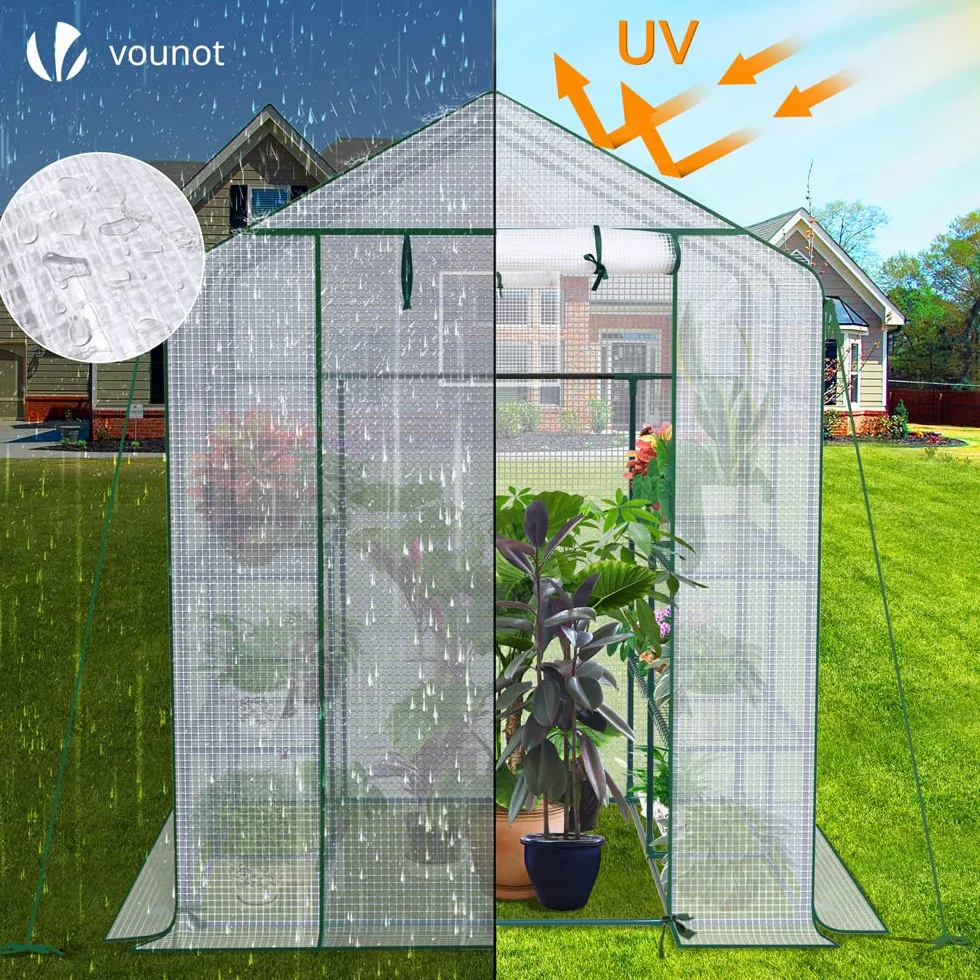 VOUNOT® Serre de Jardin PE 3 Niveaux 143x143x195cm Bâche Renforcée 135g/m2