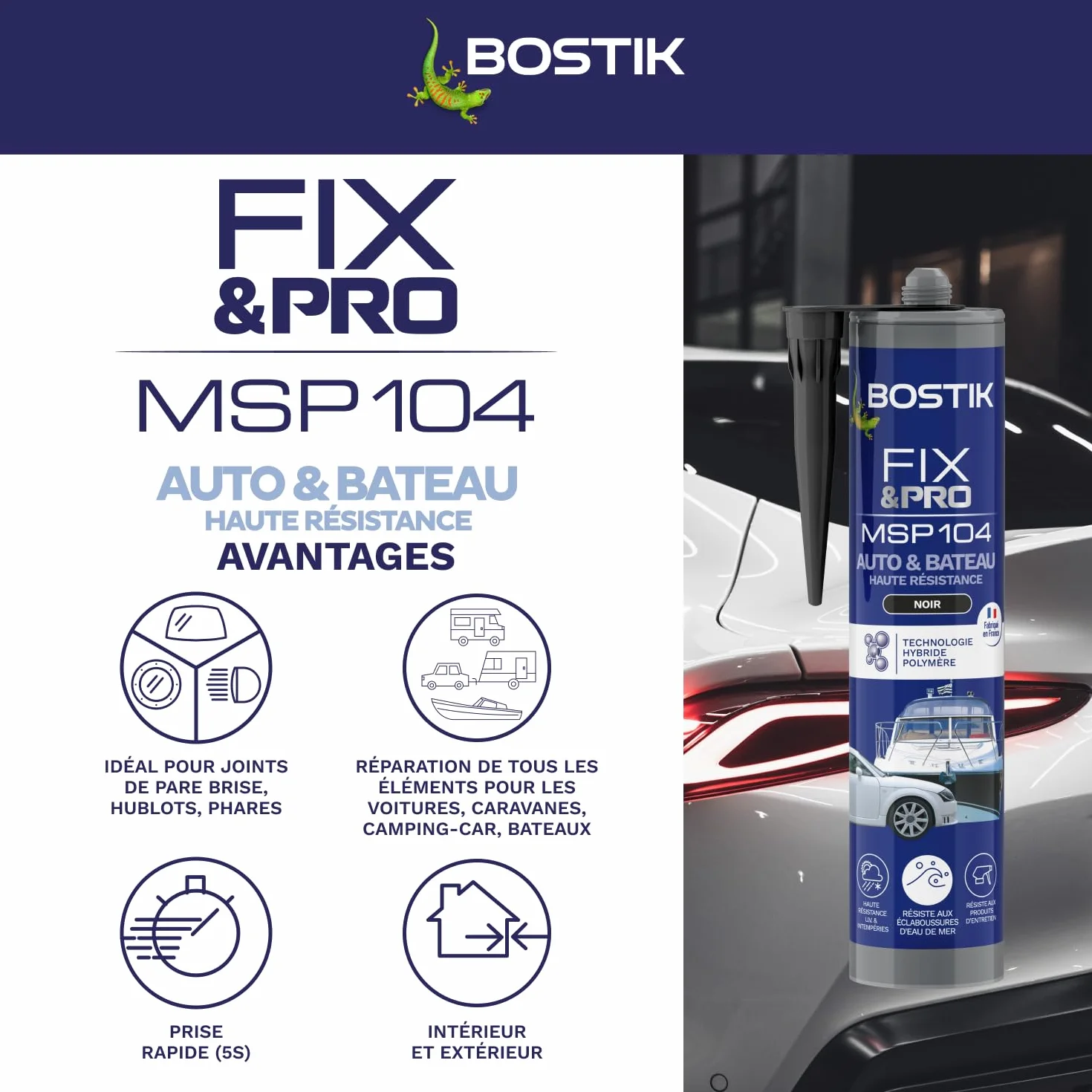 Bostik FIX&PRO MSP 104 Noir – Mastic Colle et Joint Auto, Bateau, Camping Car – Tous matériaux – Résiste aux UV, Intempéries et à l’Eau de Mer – MS Polymère – 290ml