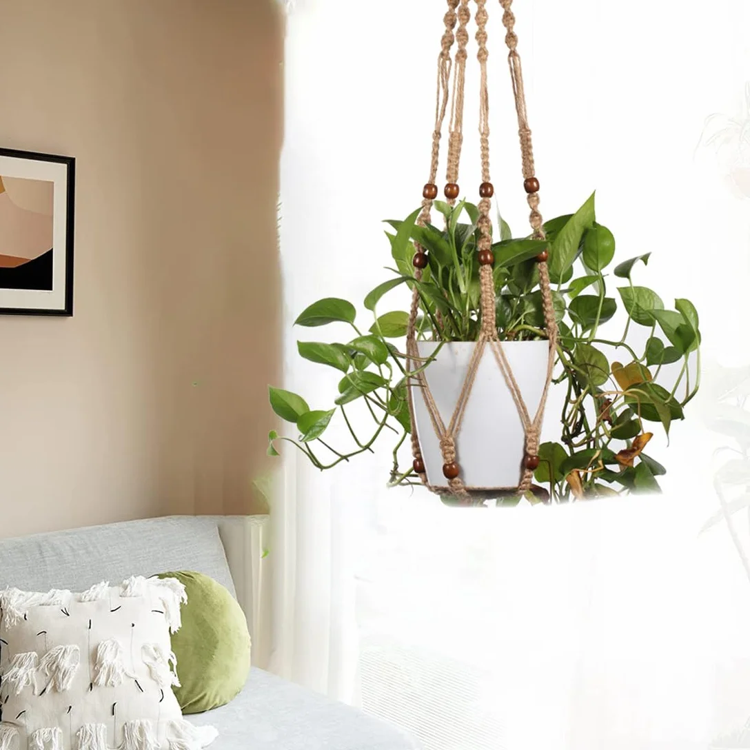 Macramé Support Pots Suspension Plante avec Perles 89cm