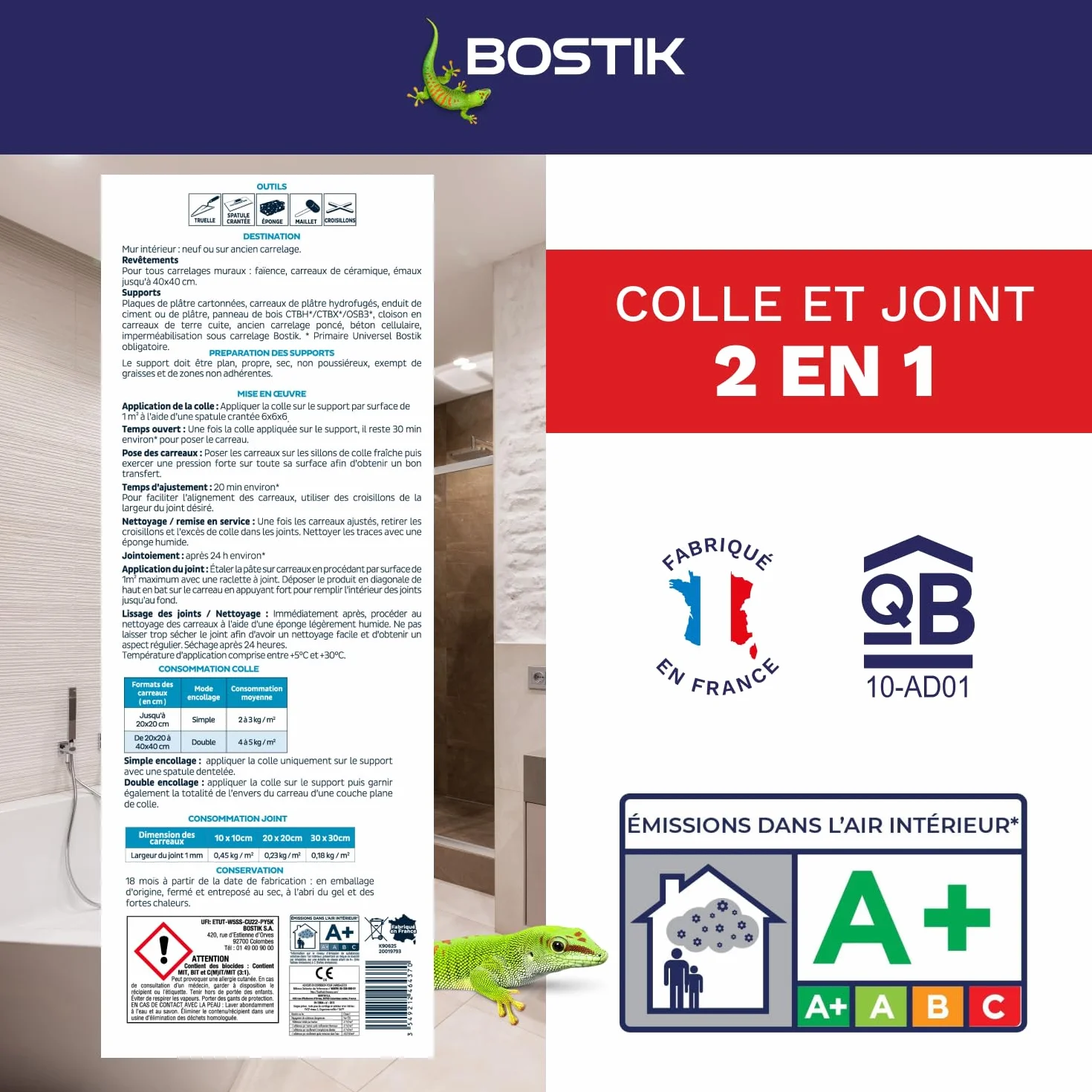 Bostik Colle Pâte et Joint 2 en 1 – Colle Carrelage Mural Améliorée et Joint de Carrelage Prêt à l’Emploi – Idéale pour Cuisine et Salle de Bain – Gris – Seau de 1,5 kg