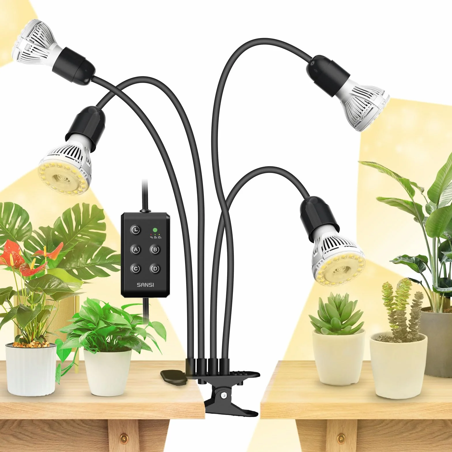 SANSI Lampe Horticole LED 600W Équivalent, 4 Ampoules E27, Minuterie 4/8/12H, Culture Plantes Intérieures