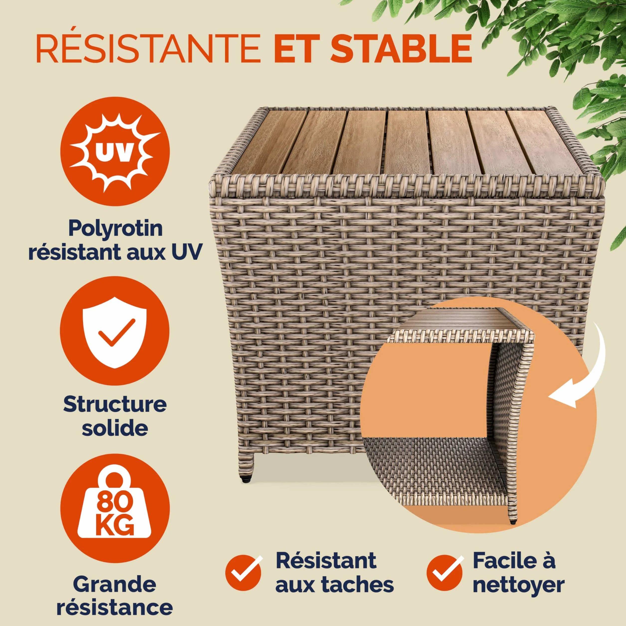 Casaria® Table d'appoint en polyrotin 45x45x40cm crème Plateau en Bois d'acacia Petite Table Basse Jardin Balcon