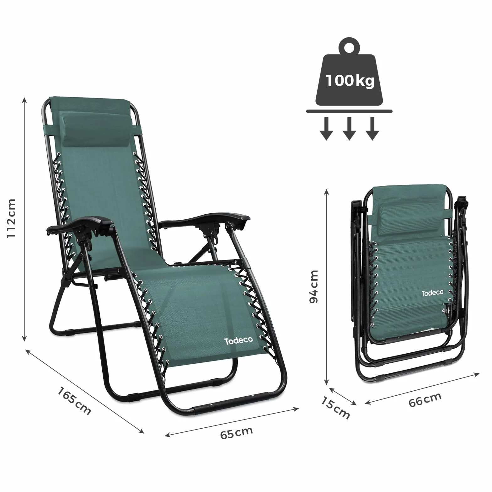 Todeco Chaises Longues Zéro Gravité Pliables en Textilène Respirant avec Repose-Tête, Vert