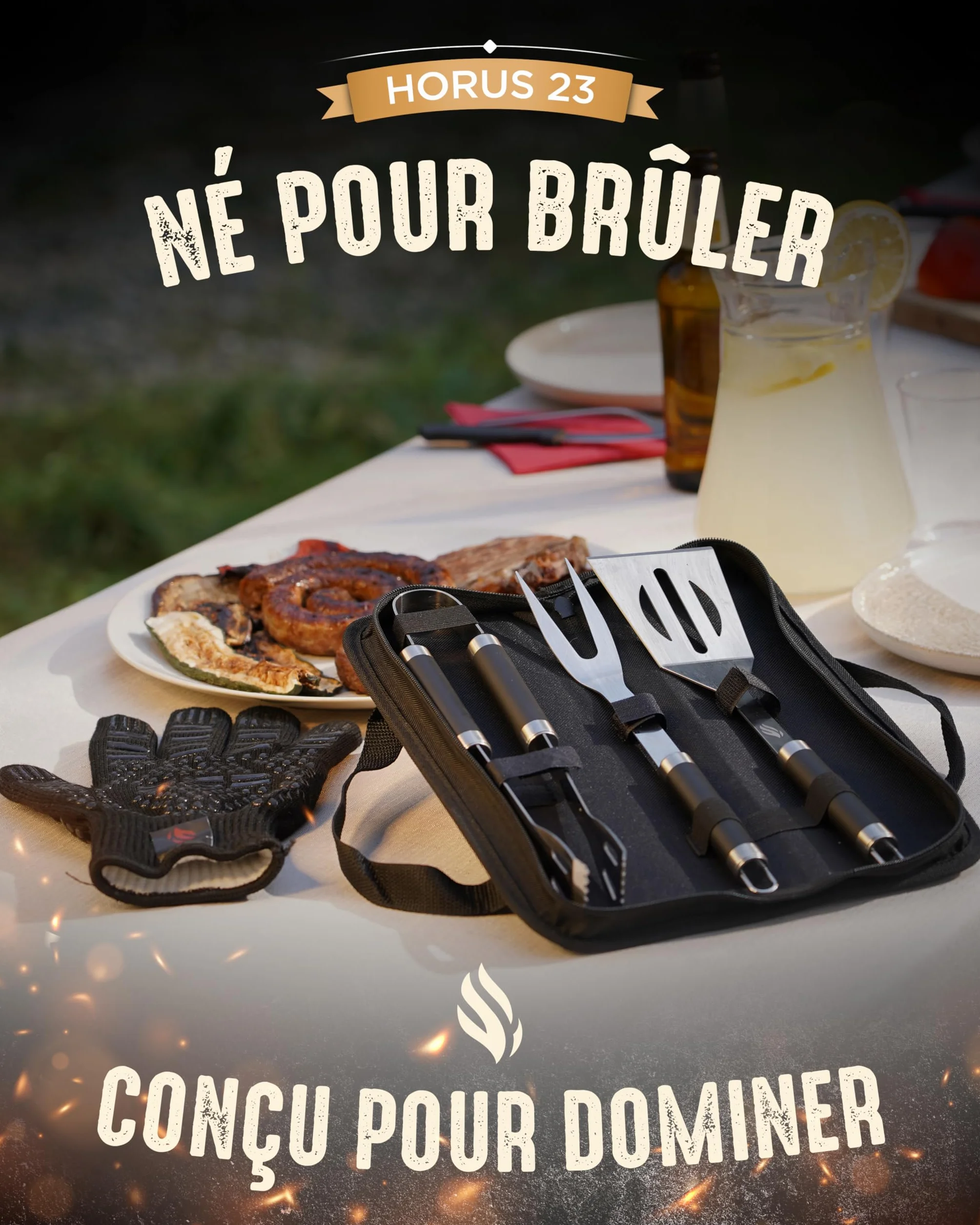 HORUS 23® Kit Barbecue Professionnel 4 Ustensiles Inox avec Gant Ignifuge Coffret Cadeau