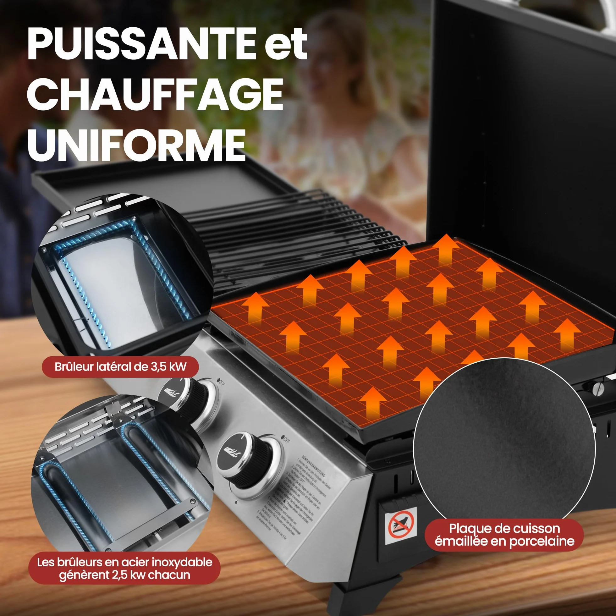 Royal Gourmet Barbecue Gaz Portable 3 Brûleurs 3 en 1 Plancha Grille 8.5kW Propane Noir