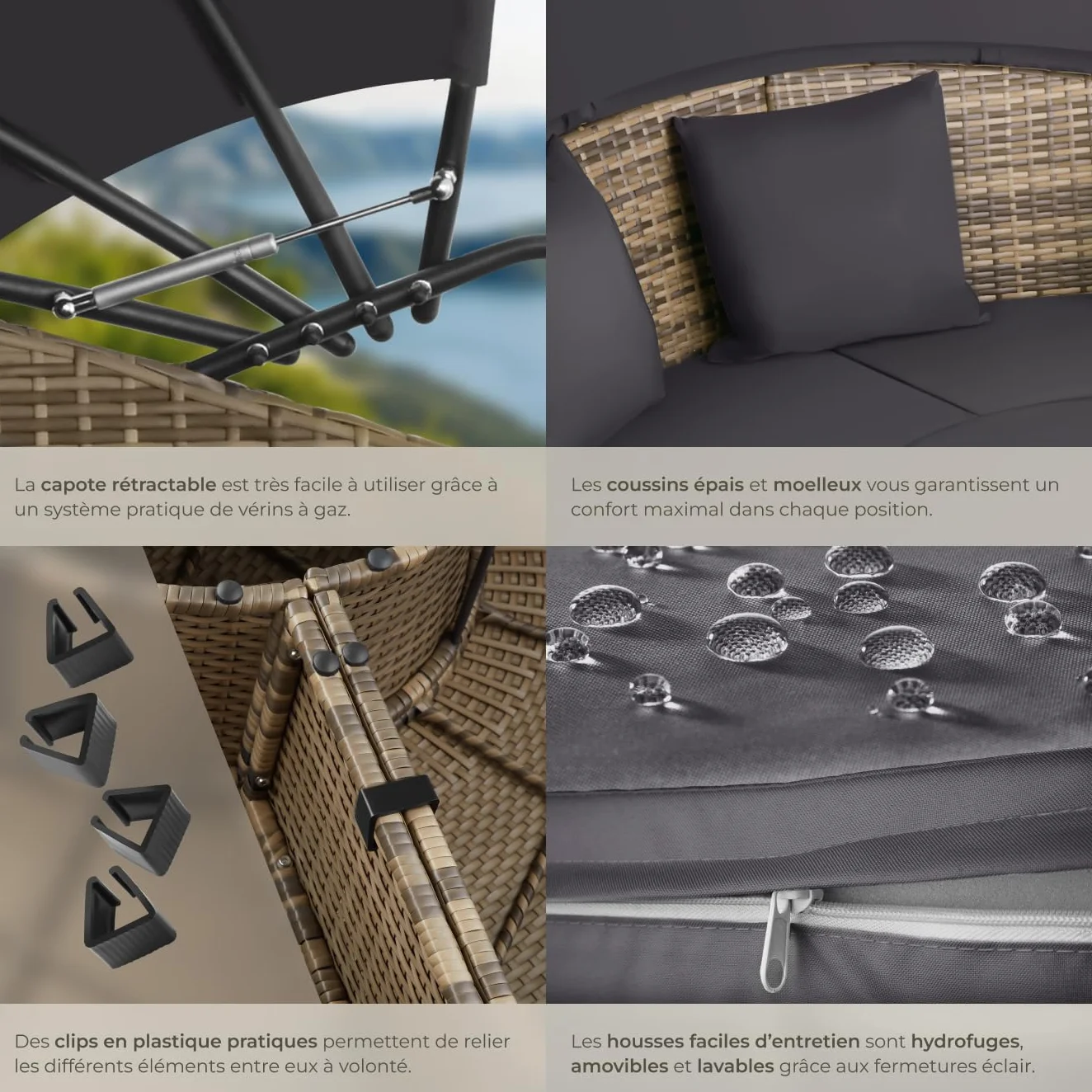 tectake Bain de soleil modulable en résine tressée avec pare soleil pliable, coussins inclus, chaise longue relax pour jardin terrasse