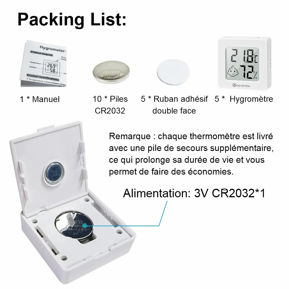 KETOTEK 5 pièces Mini Hygromètre Thermomètre Intérieur Numérique LCD Moniteur de Température et Humidité pour Maison Bureau