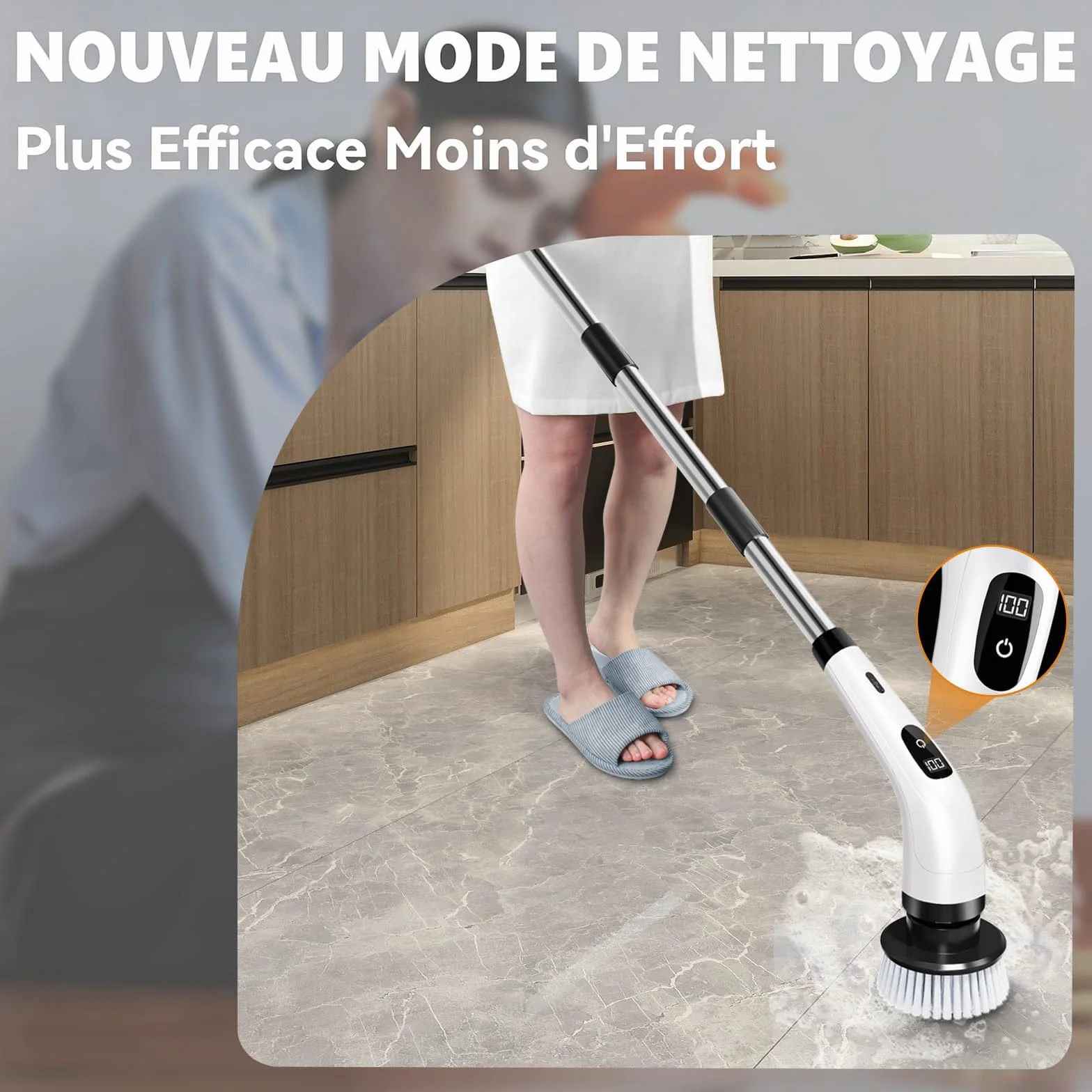 Brosse à récurer électrique, Brosse de Nettoyage sans Fil avec 8 têtes, Manche Long télescopique, Brosse nettoyante Rechargeable, Charge USB-C, pour Sol,Salle de Bain, Cuisine, Douche et Baignoire
