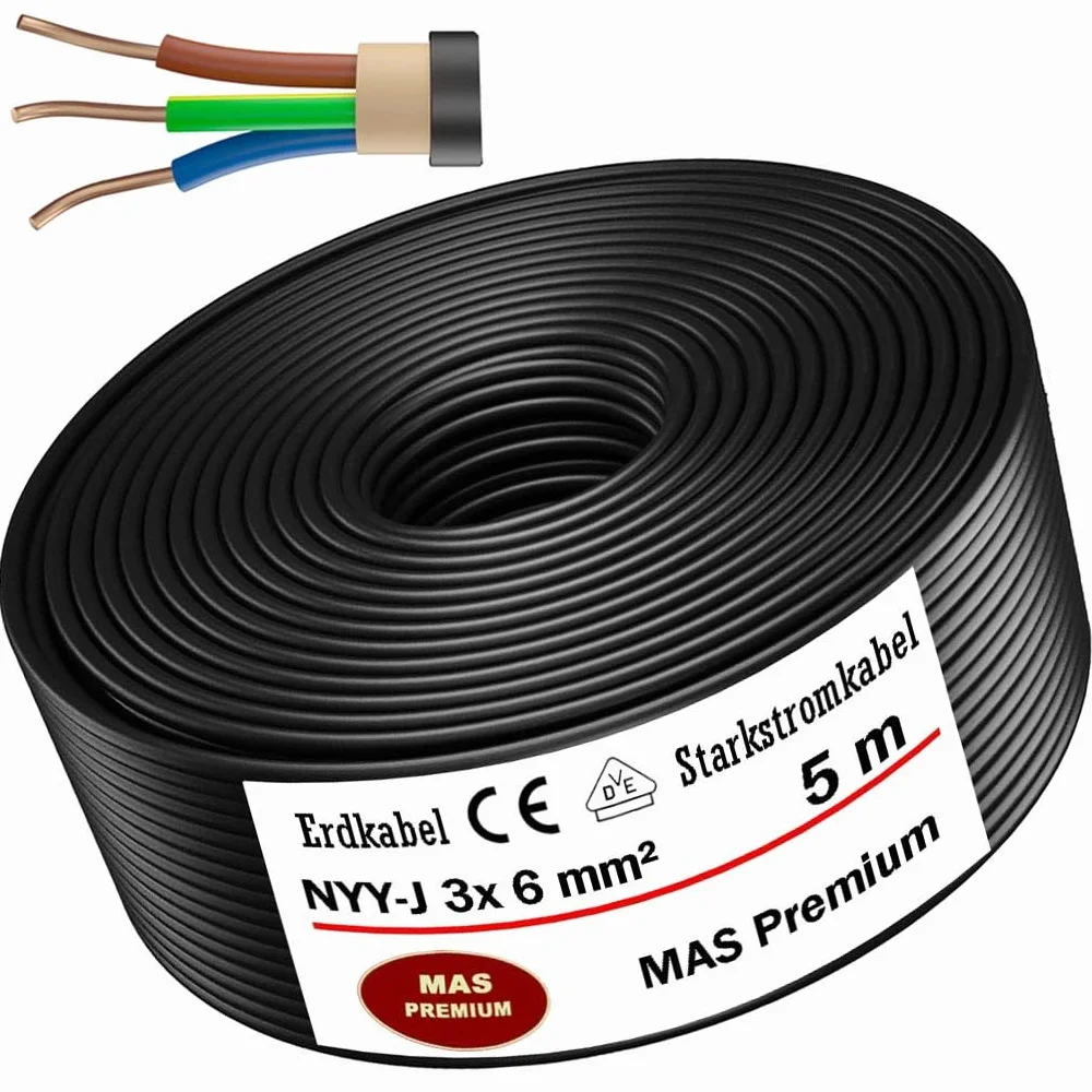 MAS Premium Câble souterrain NYY-J 3 x 1,5, 2,5, 4, 6, 10, 16 ou 5 x 1,5, 2,5, 4, 6, 10, 16, avec anneau pour pose en plein air (NYY-J 3 x 6 mm², 5 m) 5-170 m
