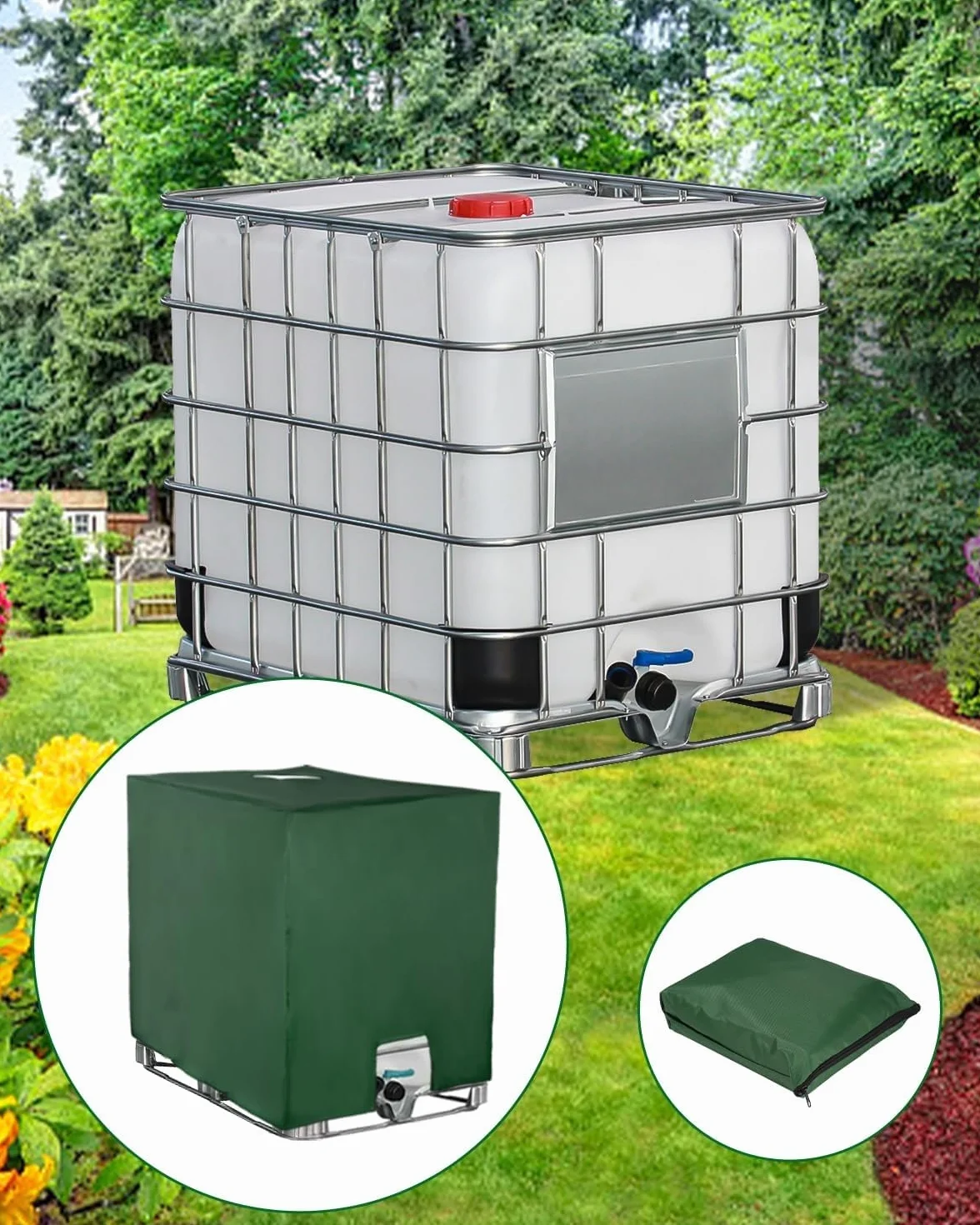 Bâche pour Cuve IBC 1000L, Anti-UV Anti-poussière, Protection Réservoir Eau, 116 x 100 x 120 cm, Vert