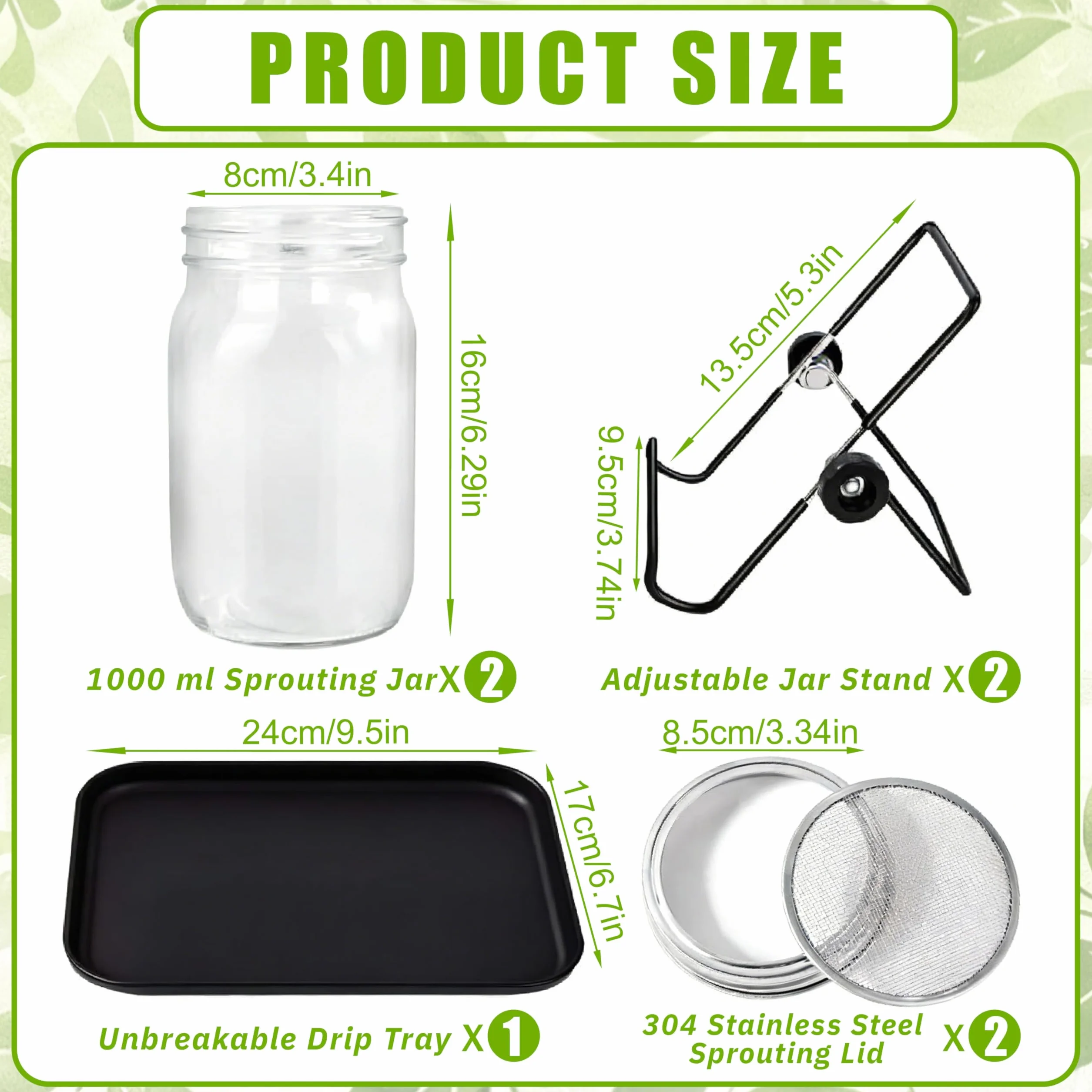 Lot de 2 bocaux en verre 1000 ml avec couvercle à tamis et bol en acier inoxydable 304 pour germination