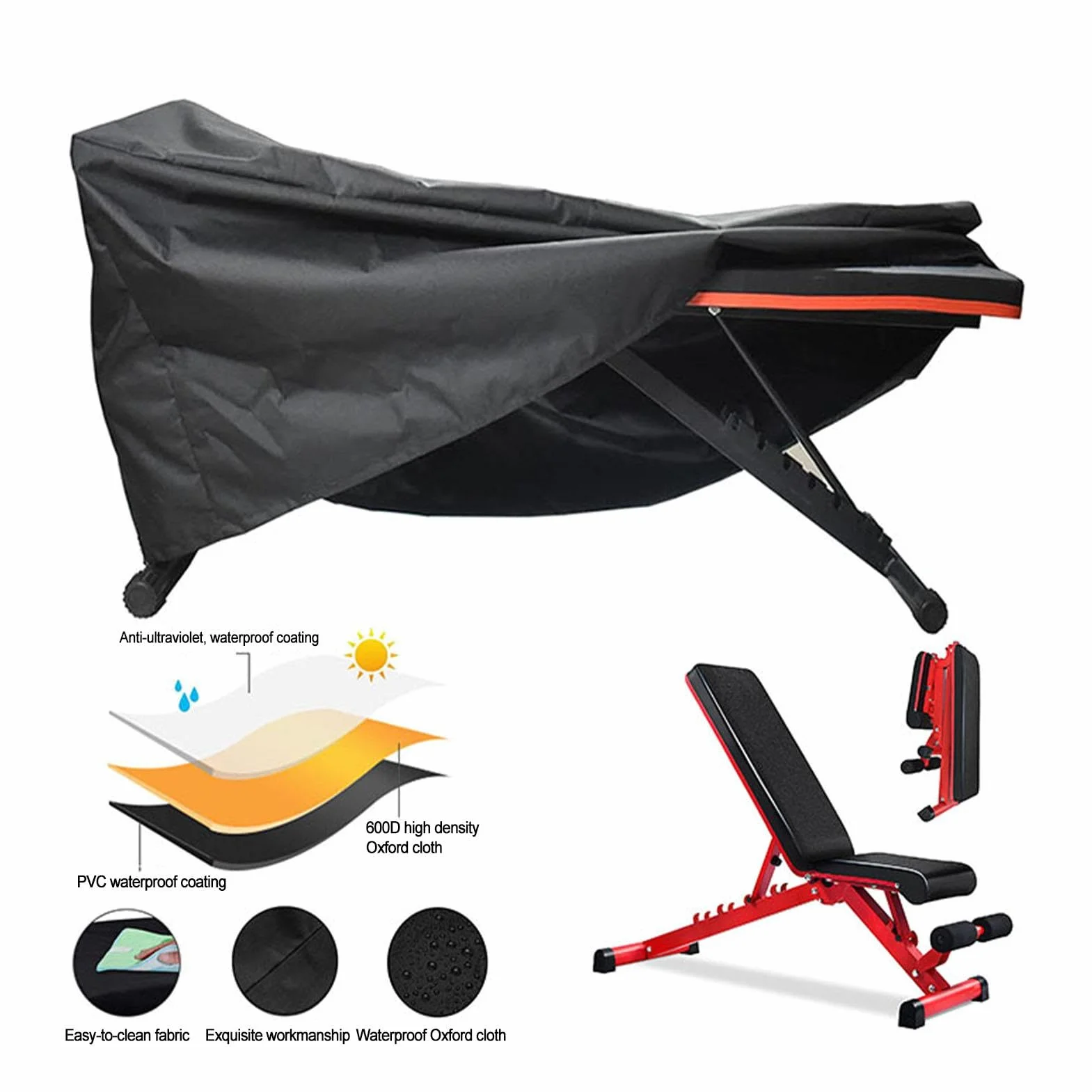 Housse Banc de Musculation Réglable Étanche Anti-UV Noir 127x58x44cm