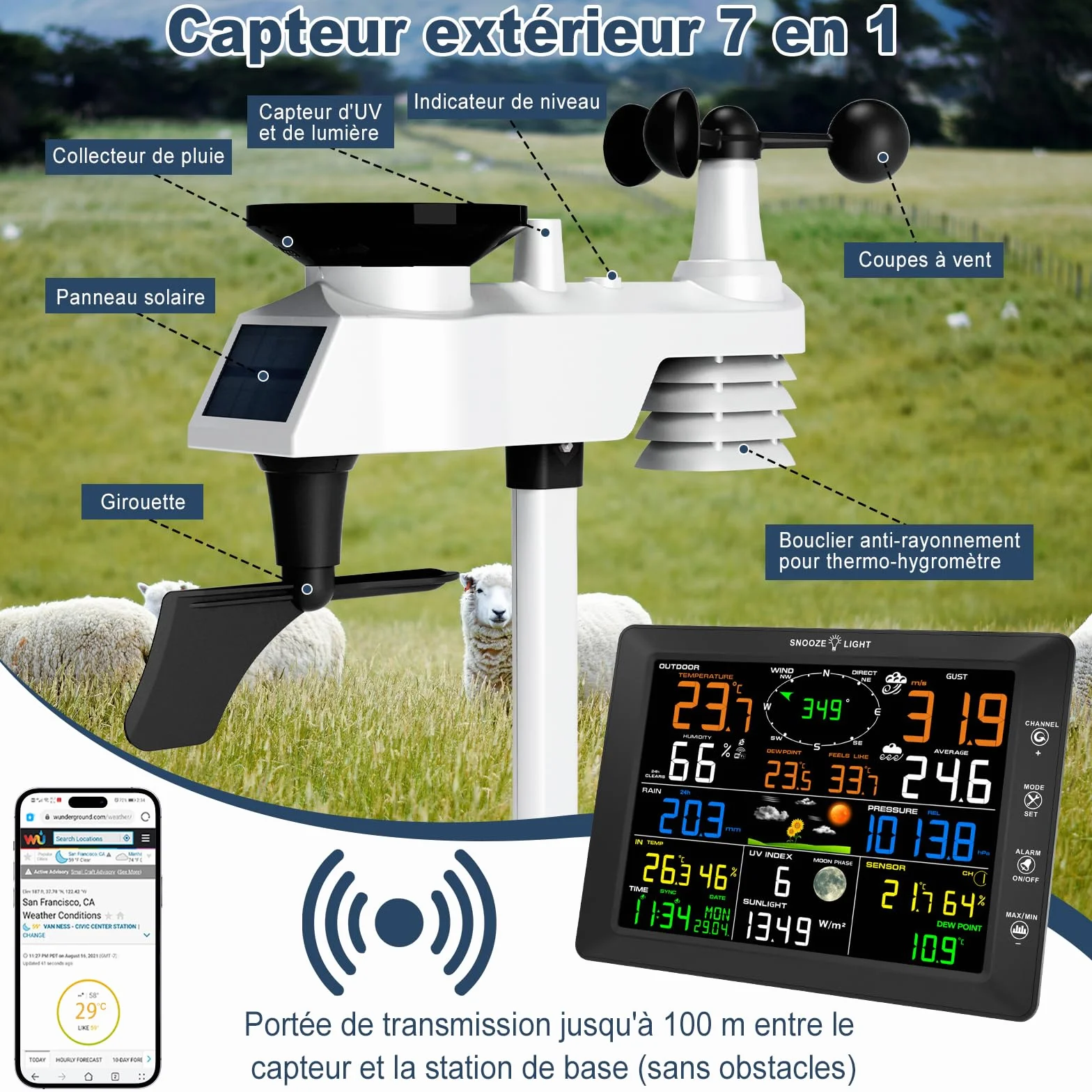 Urageuxy Station Meteo Connectée WIFI 14-en-1 Professionnelle avec Pluviometre, Anemometre, Thermohygrometre