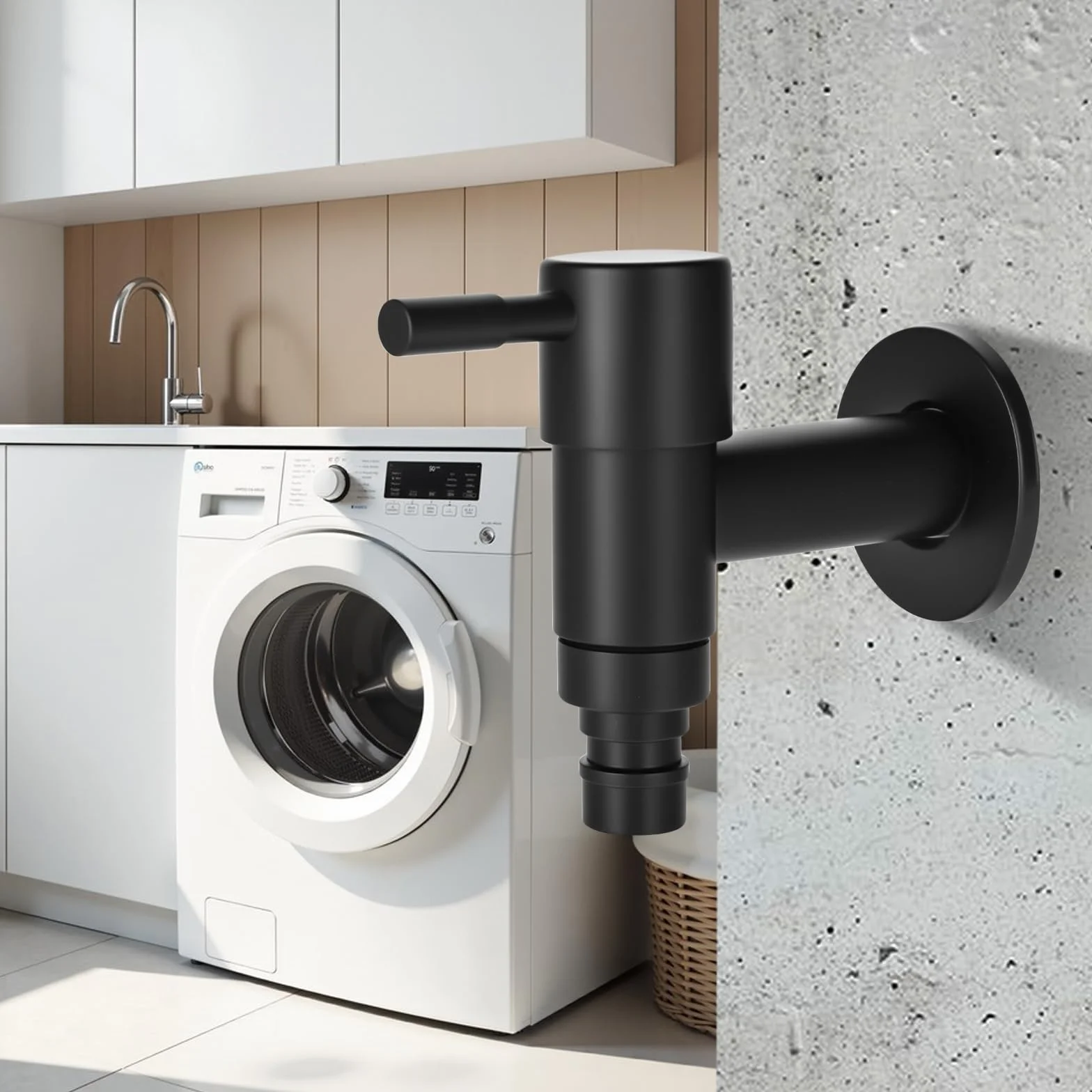 Robinet en acier inoxydable G1/2" - Montage mural - Eau froide - Machine à laver - Jardin - Salle de bain - Noir
