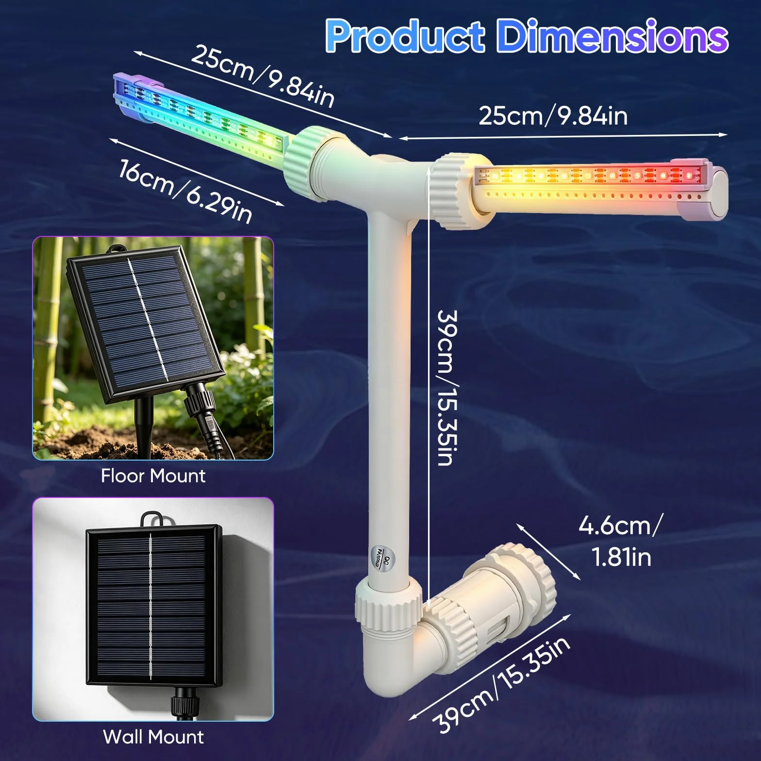 Fontaine Solaire à Double Tête avec Éclairage RGB, 11 Couleurs, Contrôle par APP, Jet Réglable 0,5–3 m pour Piscine