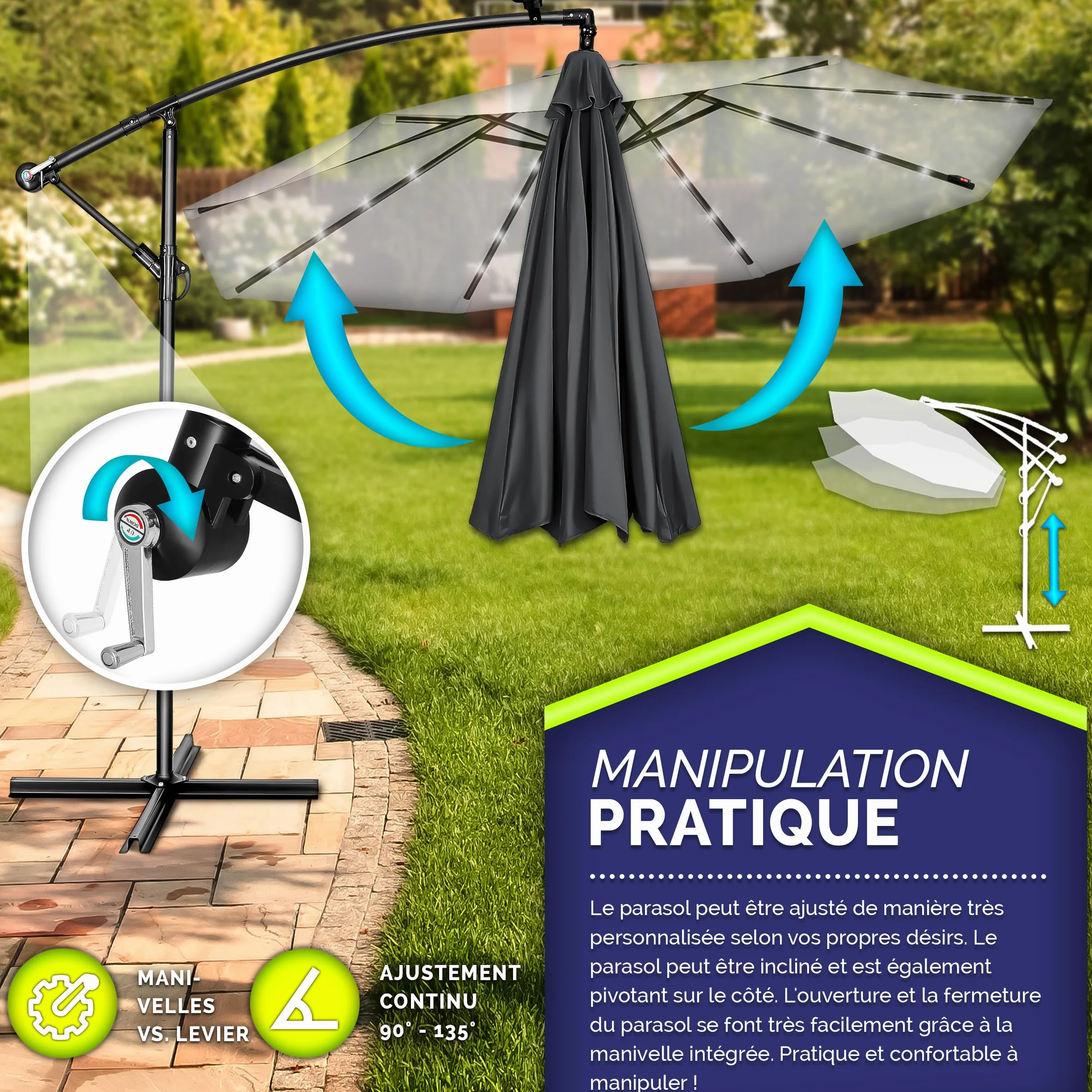 Parasol déporté LED solaire hexagonale 3M avec manivelle Protection UV en aluminium pour jardin