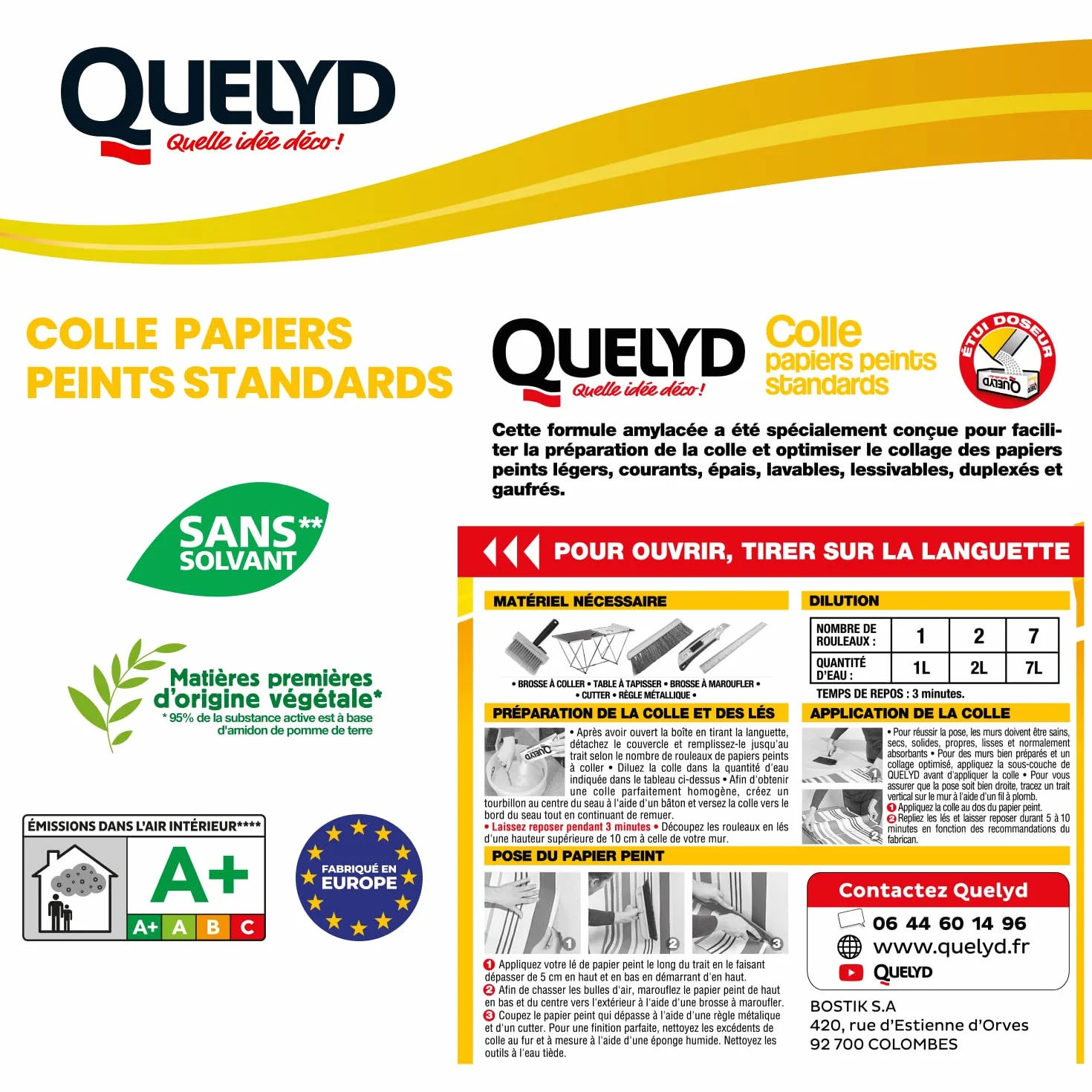 Quelyd Colle Papiers Peints Standards – Idéale pour Chambres et Couloirs – Prête en 3 Minutes – Dosage Ultra Facile – Sans Grumeaux – Sans Solvant – Poudre 250 g (7 rouleaux)