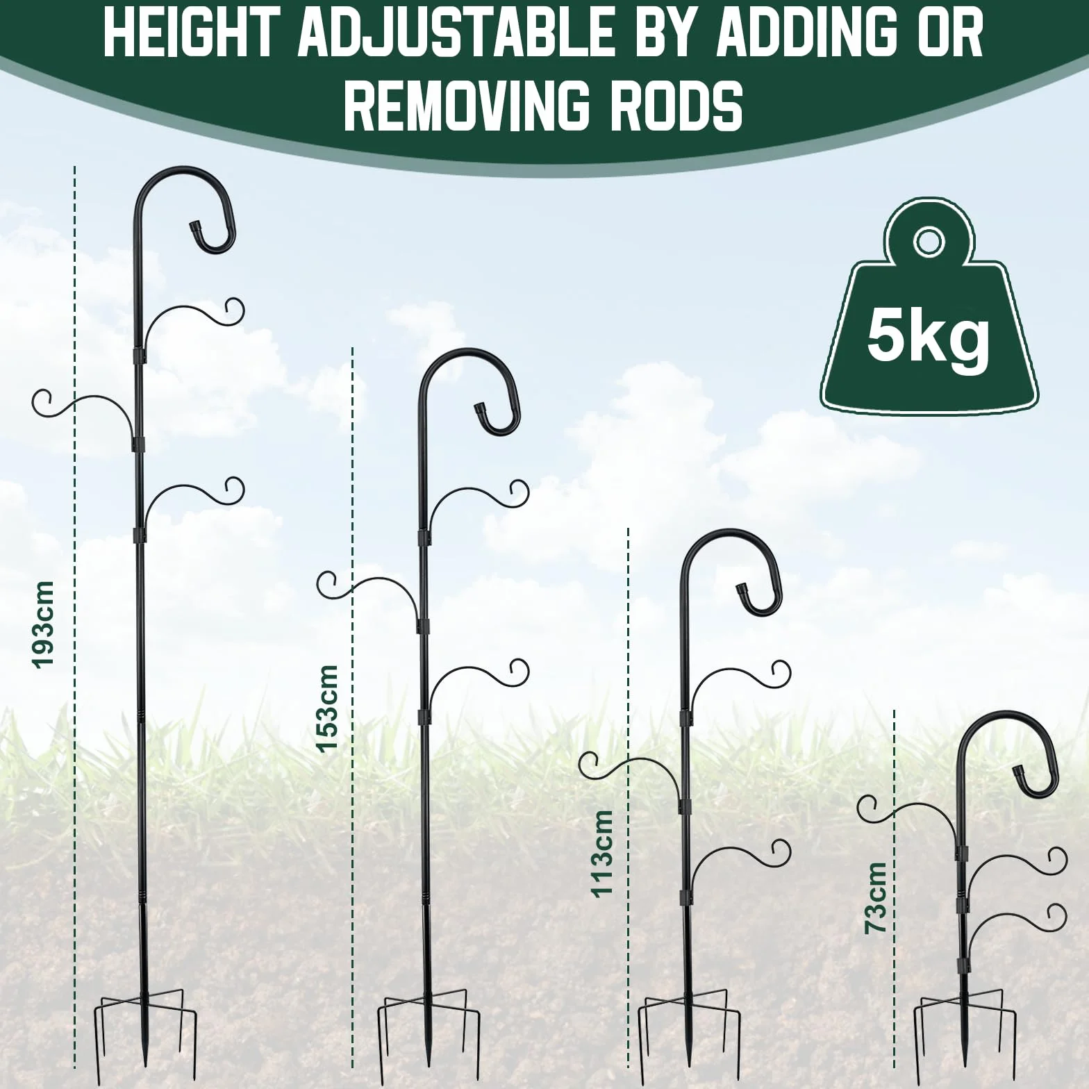 Support Mangeoire Oiseaux Métallique 193 cm 3 Crochets pour Extérieur Jardin