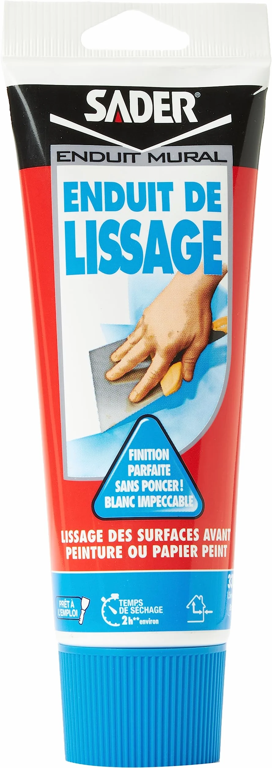 Sader Enduit de Lissage Prêt à l'Emploi en Pâte – Enduit Mur Intérieur et Plafond – Utilisable comme Joint Plaque de Plâtre, Rebouche Trou Jusqu'à 2 mm et Bouche Pore Bois – Blanc – Tube 330 g