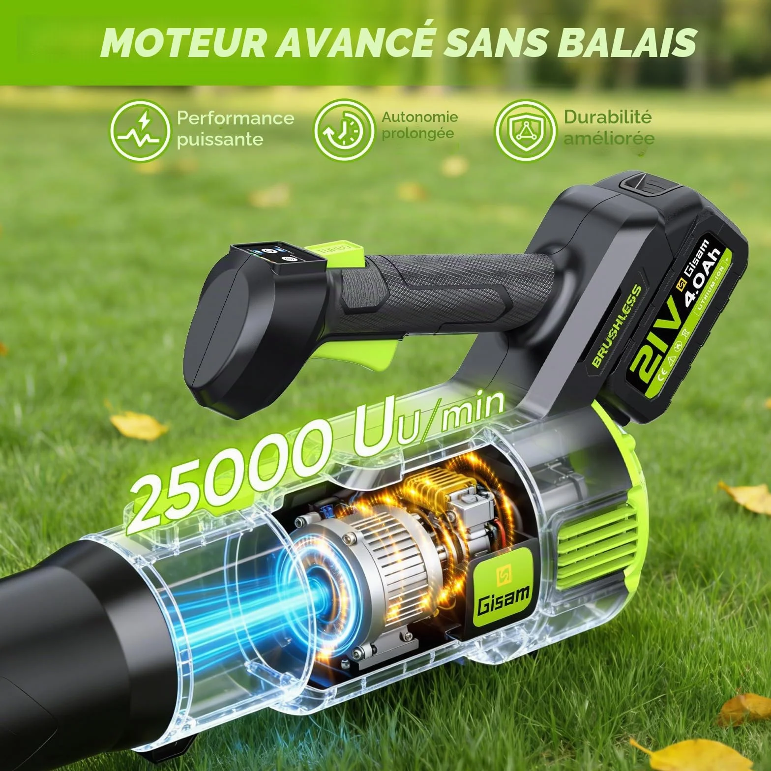 Souffleur Batterie sans Balais Gisam 2x3.0Ah 2 Vitesses Turbo Mode Max 25000RPM 750m³/h
