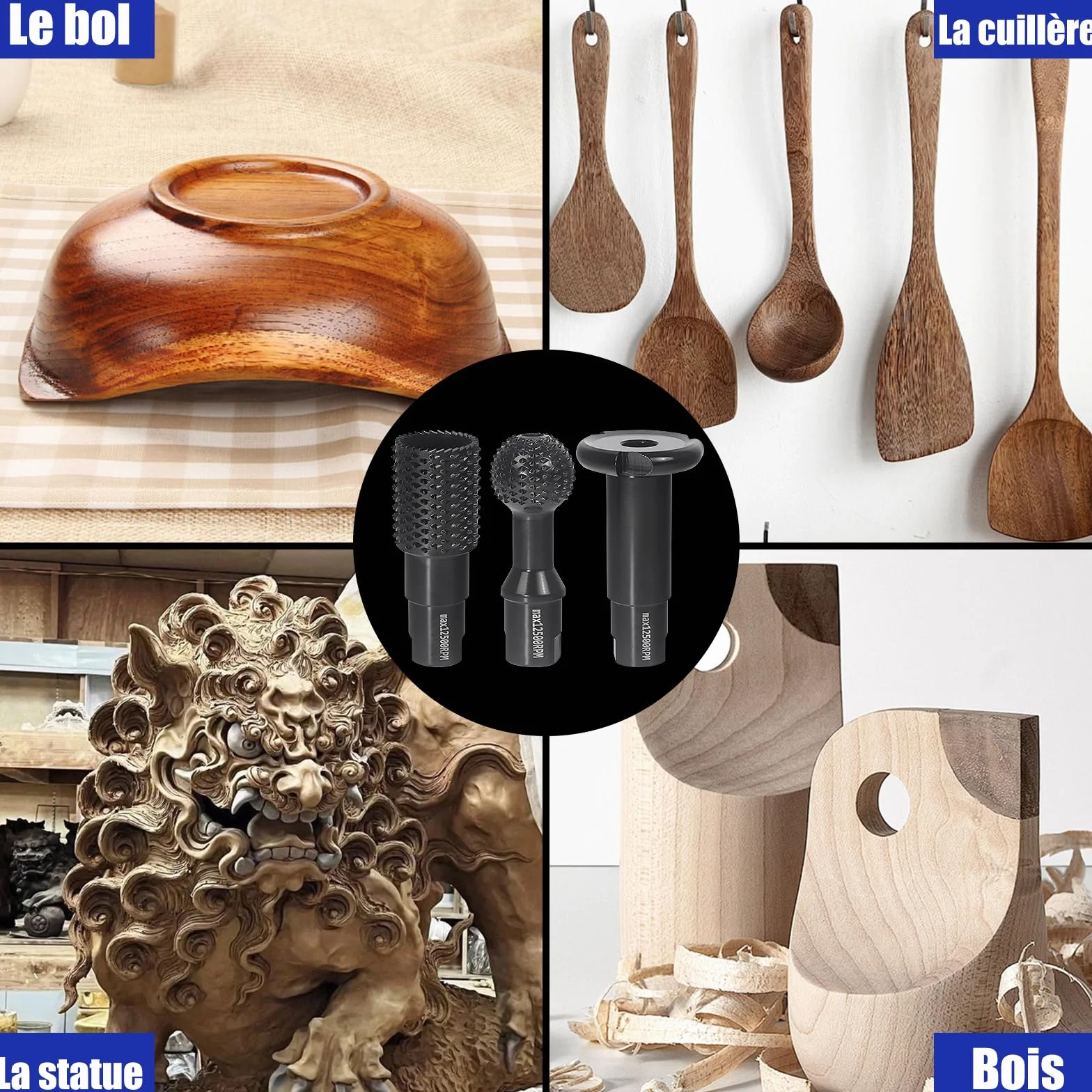 Pomsare Fraise à Bois - Disques Meuleuse Sculpture Bois, Set de 3 Burrs Rotatifs, Gouge et Ciseaux à Bois pour Meuleuses 115/125 - Outils de Coupe,Menuiserie Outillage