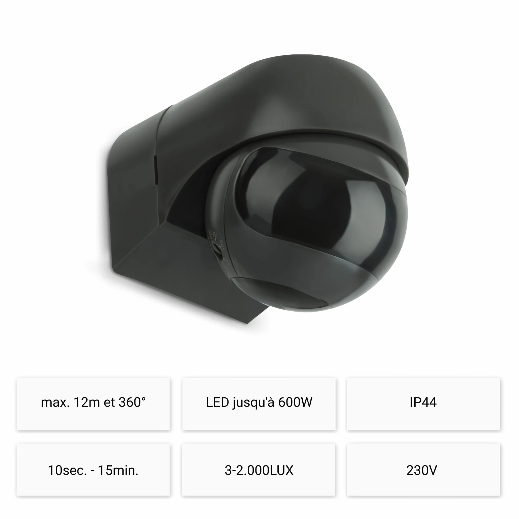 SEBSON Detecteur de Mouvement Exterieur Montage en Saillie - Adapté à LED, Programmable, Rotatif - Portée 12m/180°, 3m/360° (2 Capteurs Infrarouges)